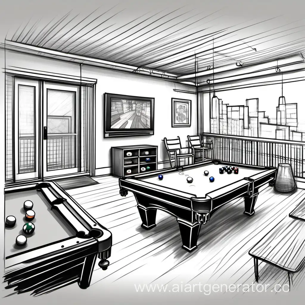 Sketch-of-a-Vibrant-Basement-Game-Room-Balcony-with-Exciting-Activities