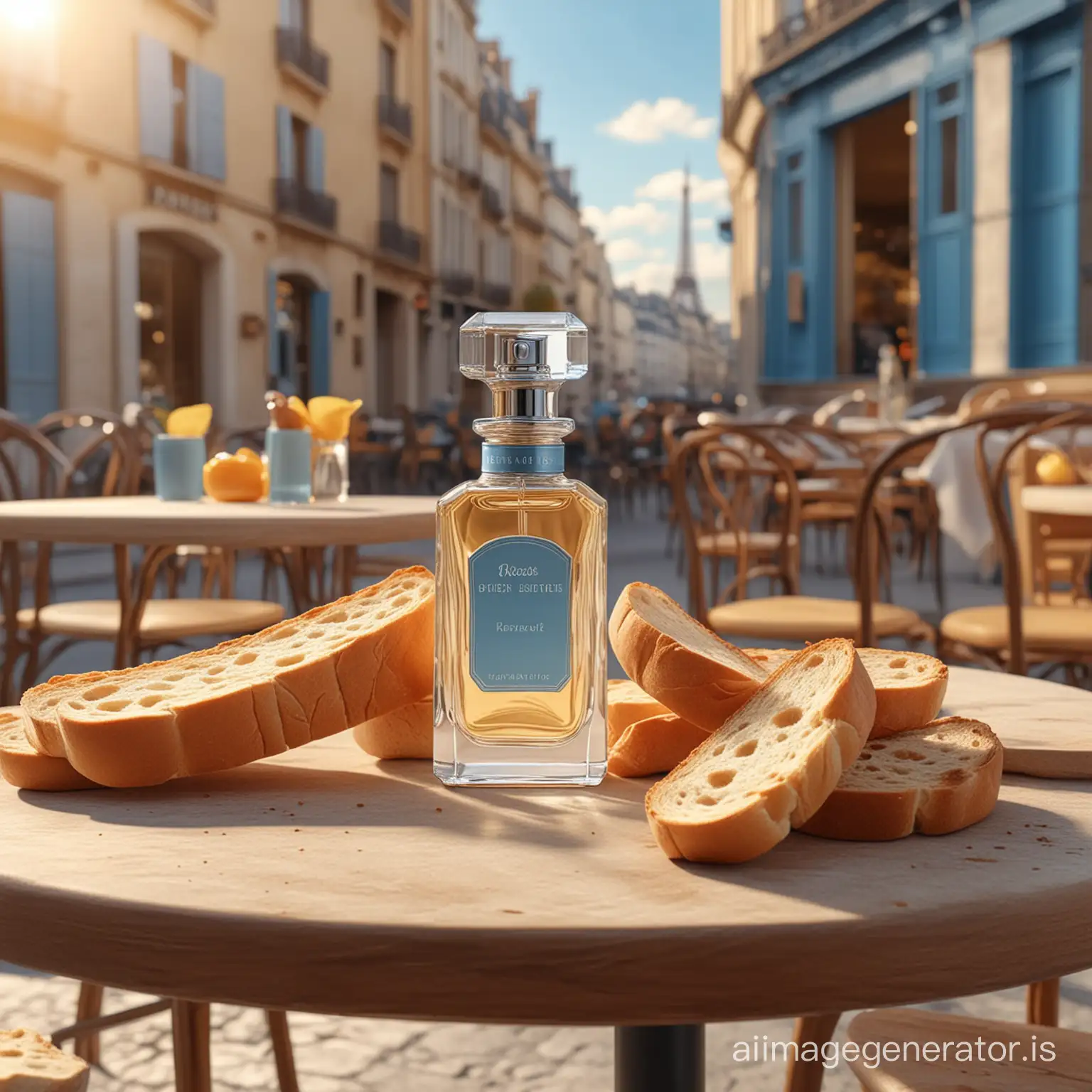 a hyper-realistic 3d rendering of a perfume product on a table, surrounded by baguette bread, paris bread background of chairs and tables in a cafe in a warm daytime atmosphere blue orange sky.
