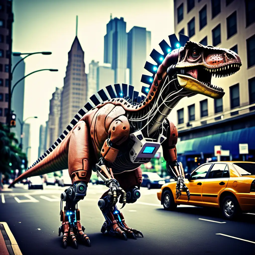 Cybernetic dinosaur in the city