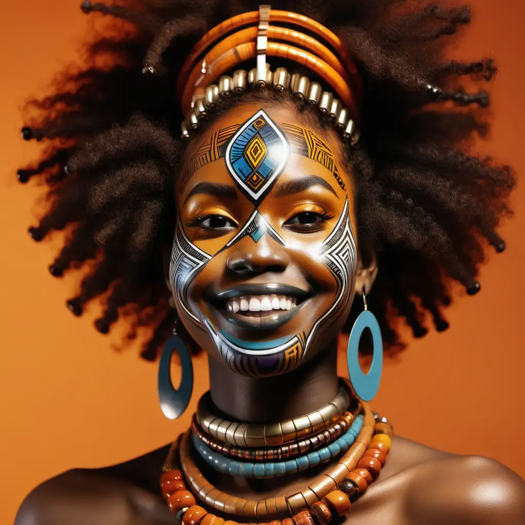 smiling afro futuristic woman with african jewellery and face paint in warm colours