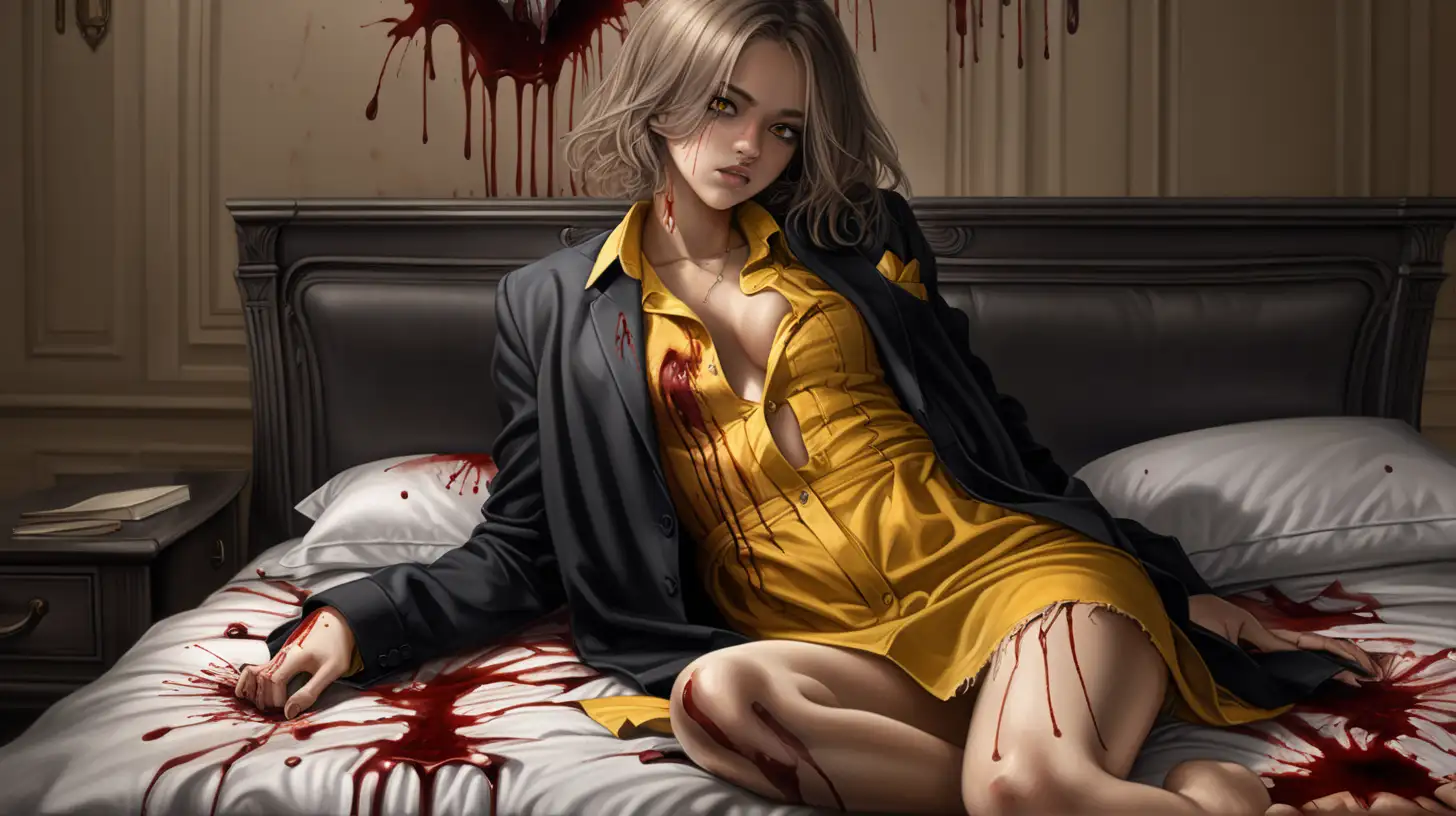 young adult woman, very light skin, dark gray eyes, bronze hair loose, yellow formal dress shirt, black dress pants and jacket, barefoot, ripped blouse, ripped pants, nudity, breasts exposed, laying on a fancy hotel bed covered in blood stains