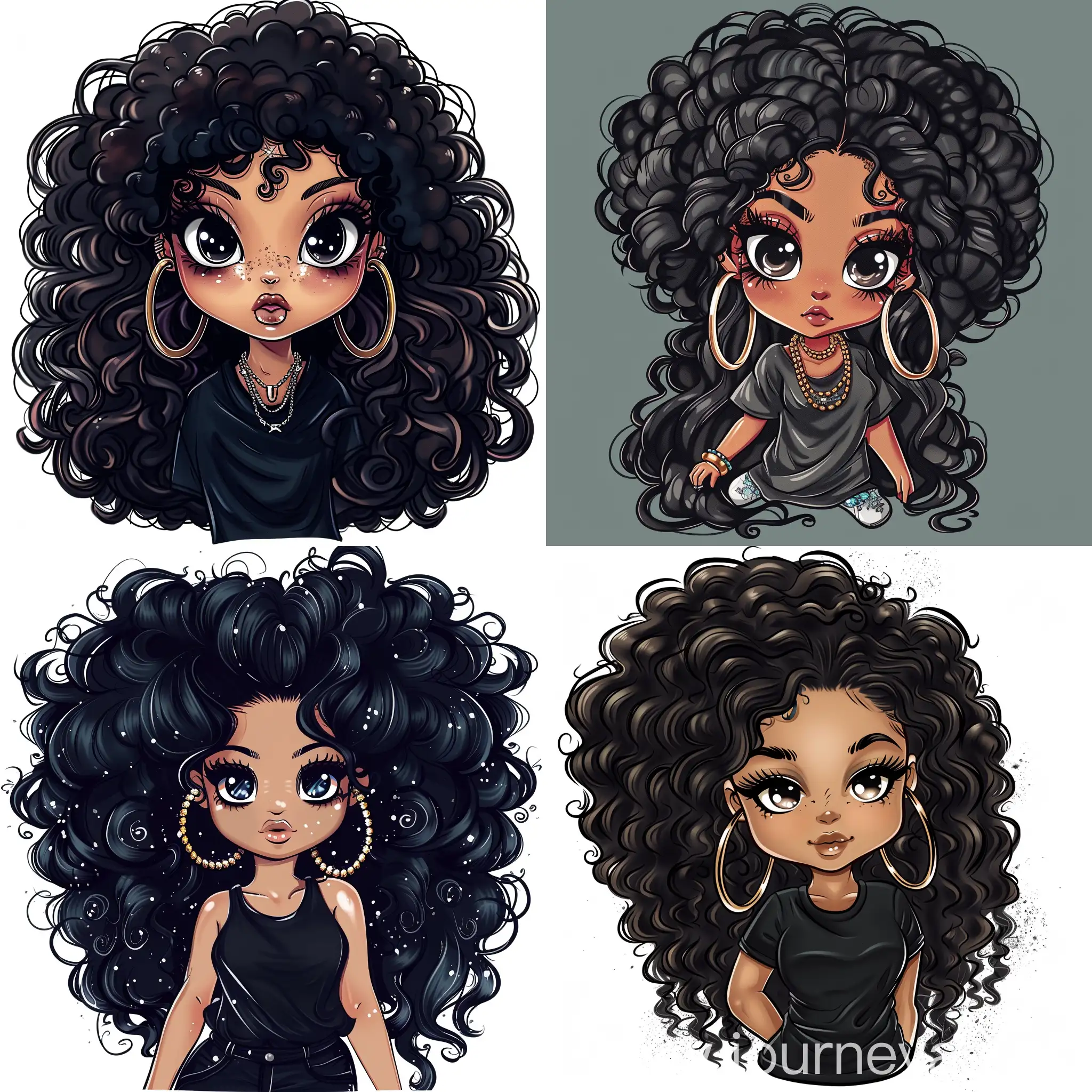crate a t-shirt desgin of a  black ebony chibi boho with arfo hair curly with large hoop earings  llustration of long hair black girl with l arfo hair illustration