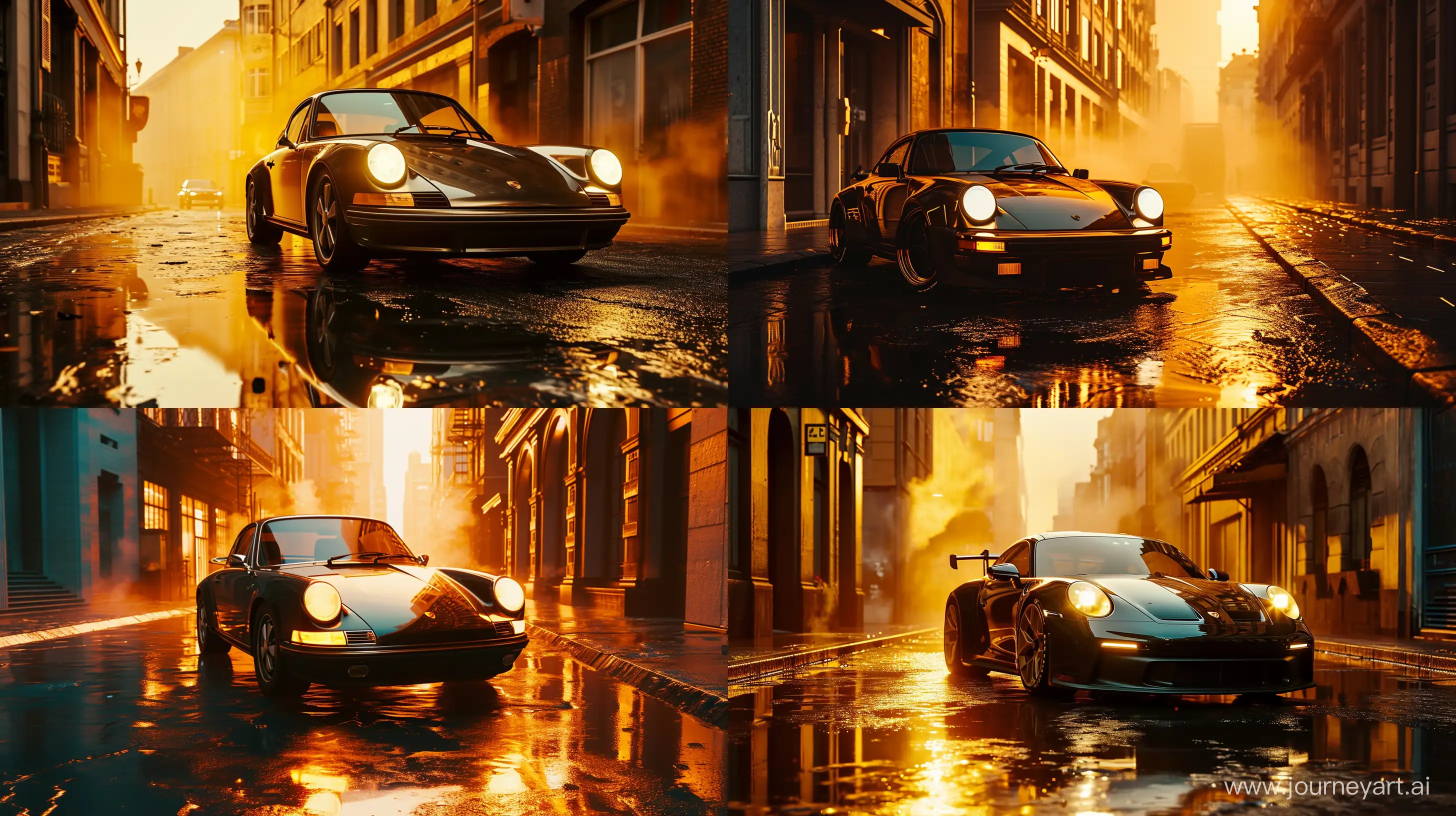 Drone view of a sleek,  Porsche parked on a wet street, illuminated by the golden hues of the rising or setting sun. The car’s headlights are on, casting an intense glow that contrasts with its dark body. Reflections of buildings and the sky are visible on the car’s shiny surface. The street is wet, possibly from recent rain, and reflects the warm sunlight, creating an atmospheric mood. There is mist or smoke in the background, adding to the dramatic effect of the scene. An urban environment with tall buildings on both sides of the street. --v 6.0 --ar 16:9
