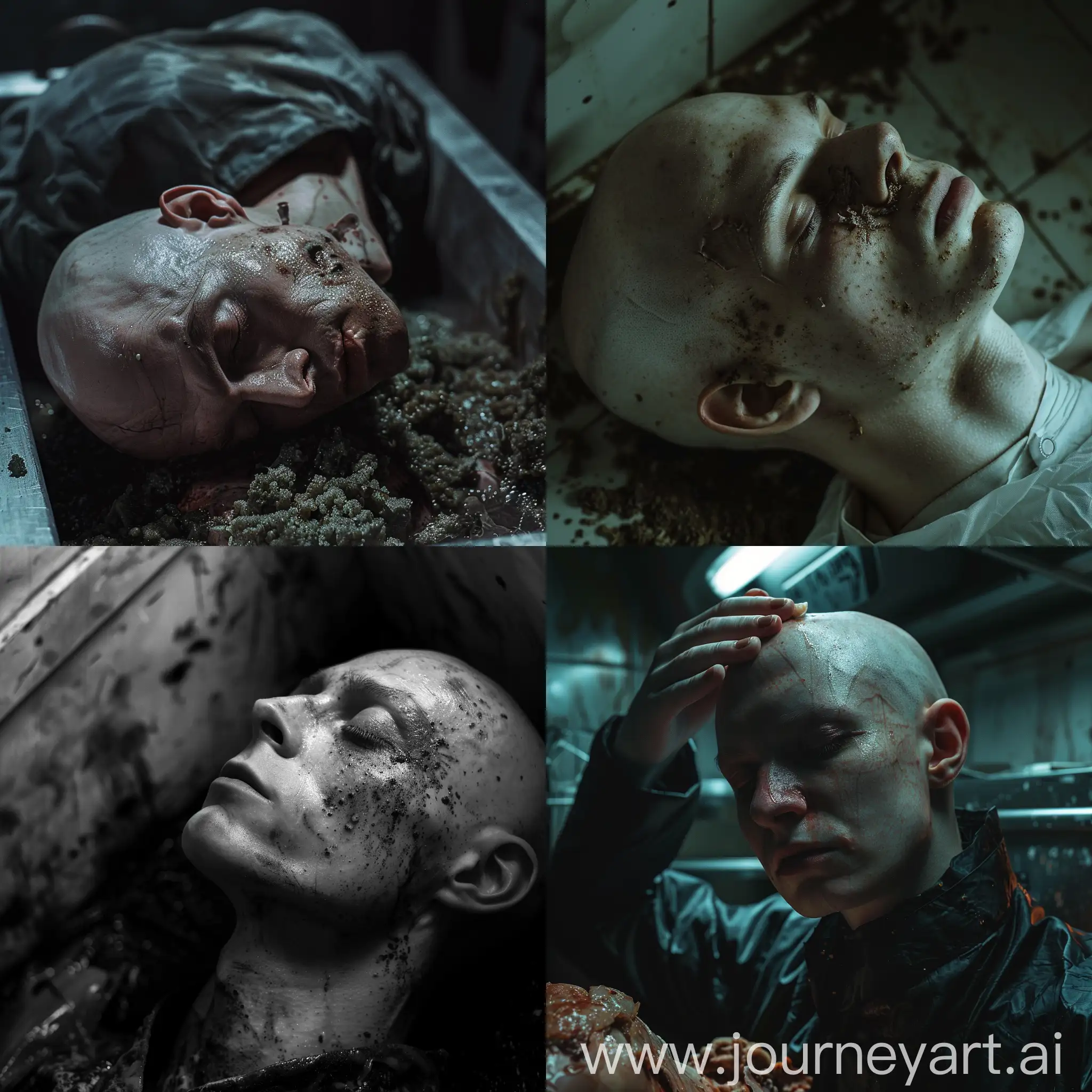 bald man awakening at morgue, rotten body, creepy, dark morgue, dark eerie, Cinematic Lighting, Extreme Close-Up shot, Fujifilm XF 23mm, by Alessio Albi