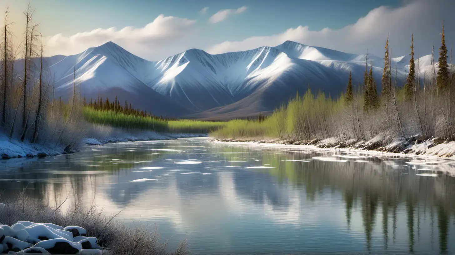 A majestic panorama of north arctic in the Yukon. Towering snow-capped mountains dominate the background, their peaks gleaming in the warm sunlight. A wide, deep river winds through the foreground, its crystal-clear waters reflecting the vibrant green of the surrounding landscape. Lush arctic trees carpet the hillsides, their branches heavy with snow. A sense of tranquil happiness permeates the scene, with the only sounds the gentle gurgling of the river and the chirping of unseen birds.

Additional details:

Style: Photorealistic with a touch of painterly softness.
Focus: The majestic mountains and the expansive river
Color palette: Dominated by greens (spruce trees, river reflections), with accents of blues (sky), whites (snow), and browns (mountain rocks).
Lighting: Warm sunlight bathes the scene, casting long shadows and highlighting the textures of the landscape. 
Resolution: Create a 4k image