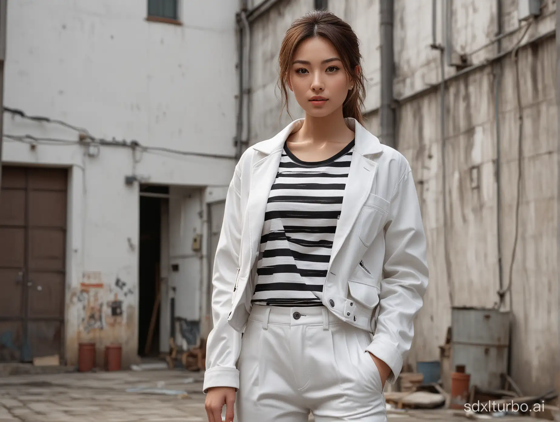 masterpiece, best quality, detailed face and skin, photo realistic, expressive eyes, perfect face, detailed eyes, detailed lips, facial smile, Kotaro Minami wearing a white jacket and pants, stylish black and white striped t-shirt inside, wearing white shoes, standing on empty and rundown factory outdoor courtyard, high quality, hyperrealistic, cool ambient, highly detailed, realistic, photography, ultra HD, ultra quality, aesthetic, bright photo quality, full body