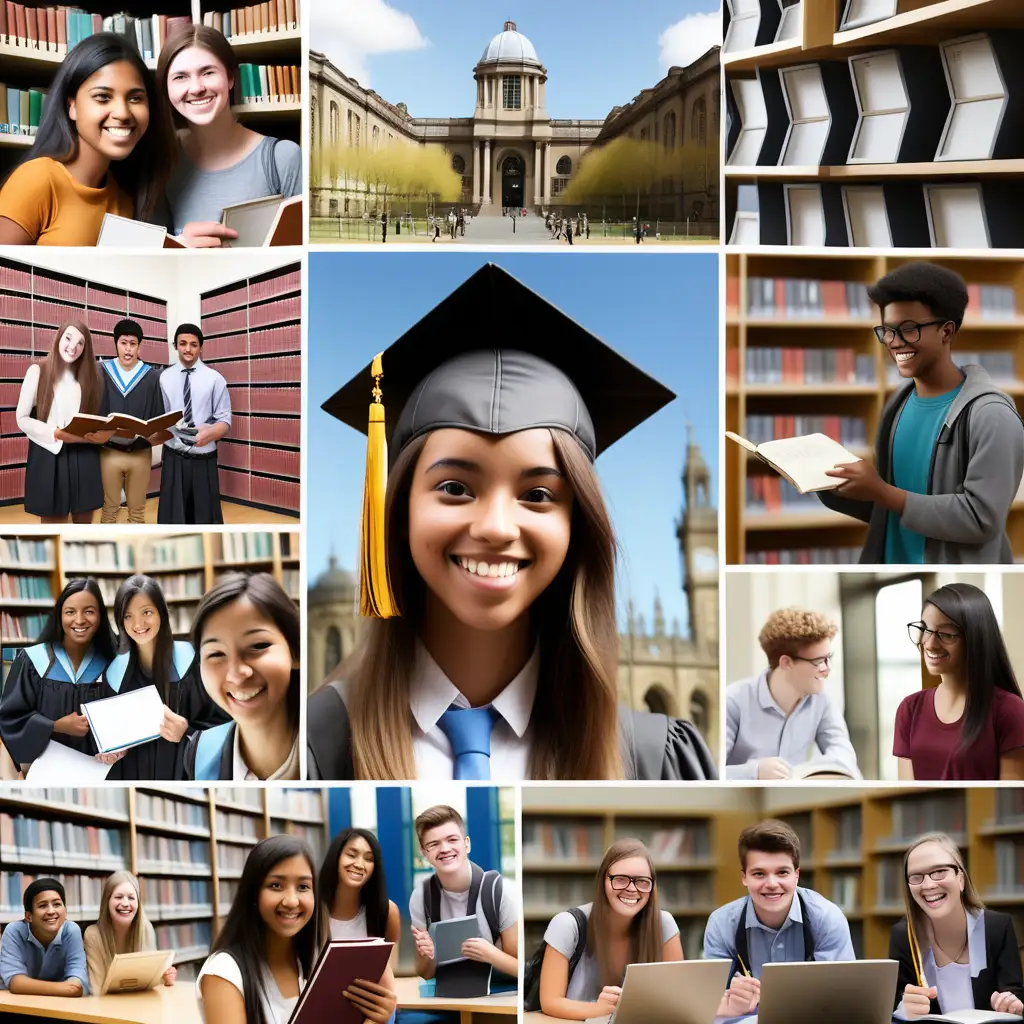 •	A collage of 3-4 images featuring diverse international students succeeding in their studies abroad. Include a mix of candid shots (e.g., studying in a library, giving a presentation, exploring a new city) and posed achievement shots (e.g., graduating, holding awards, celebrating with friends).