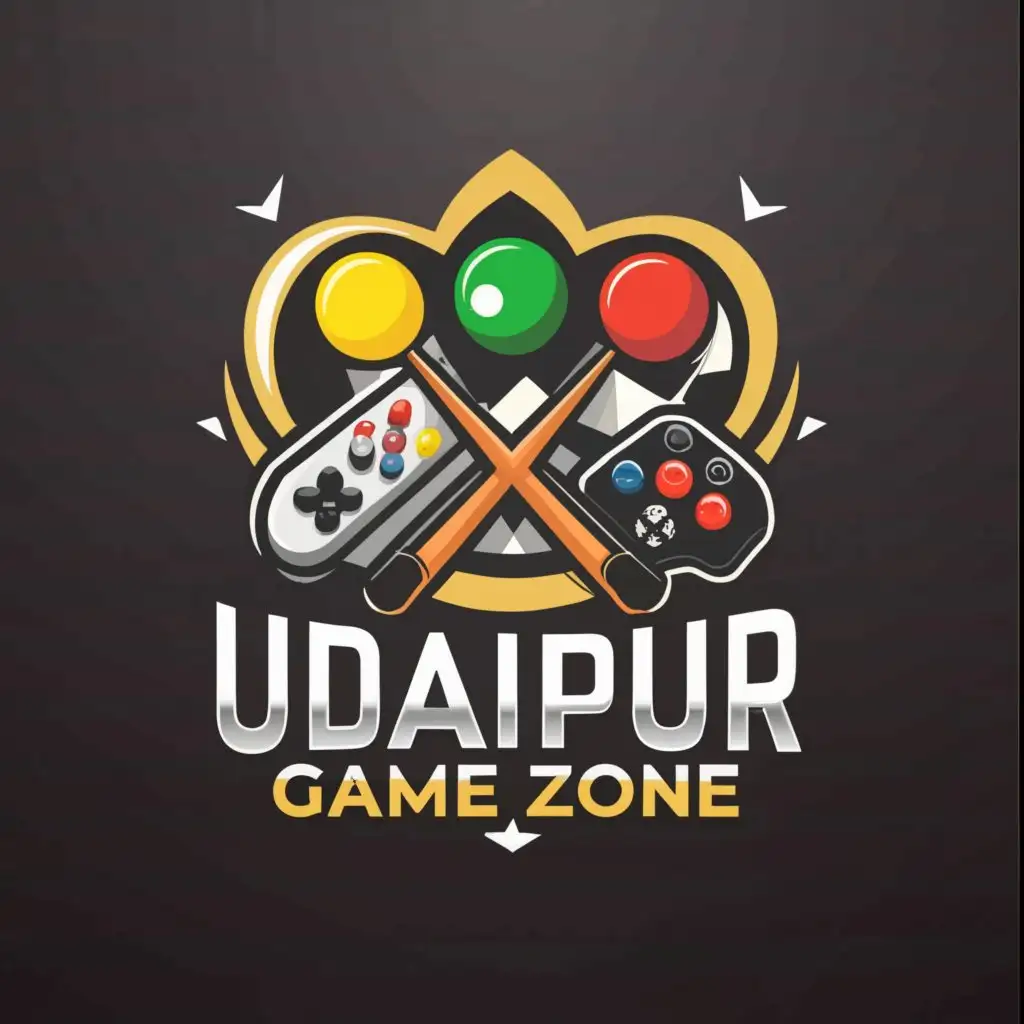 a logo design, with the text 'UDAIPUR Game Zone', main symbol: Snooker cue sticks, game console, Moderate, be used in Entertainment industry, clear background