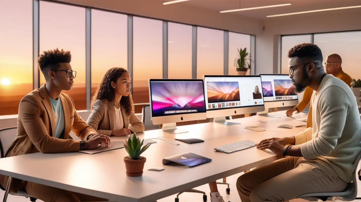 Create a 3D image, of 3 user experience designers, with light brown skin colour. They are in a modern office environment and are looking at 3 different Apple iMacs, which have app designs on their computer screens. There is a sunset light background coming through the office window which is behind them. 