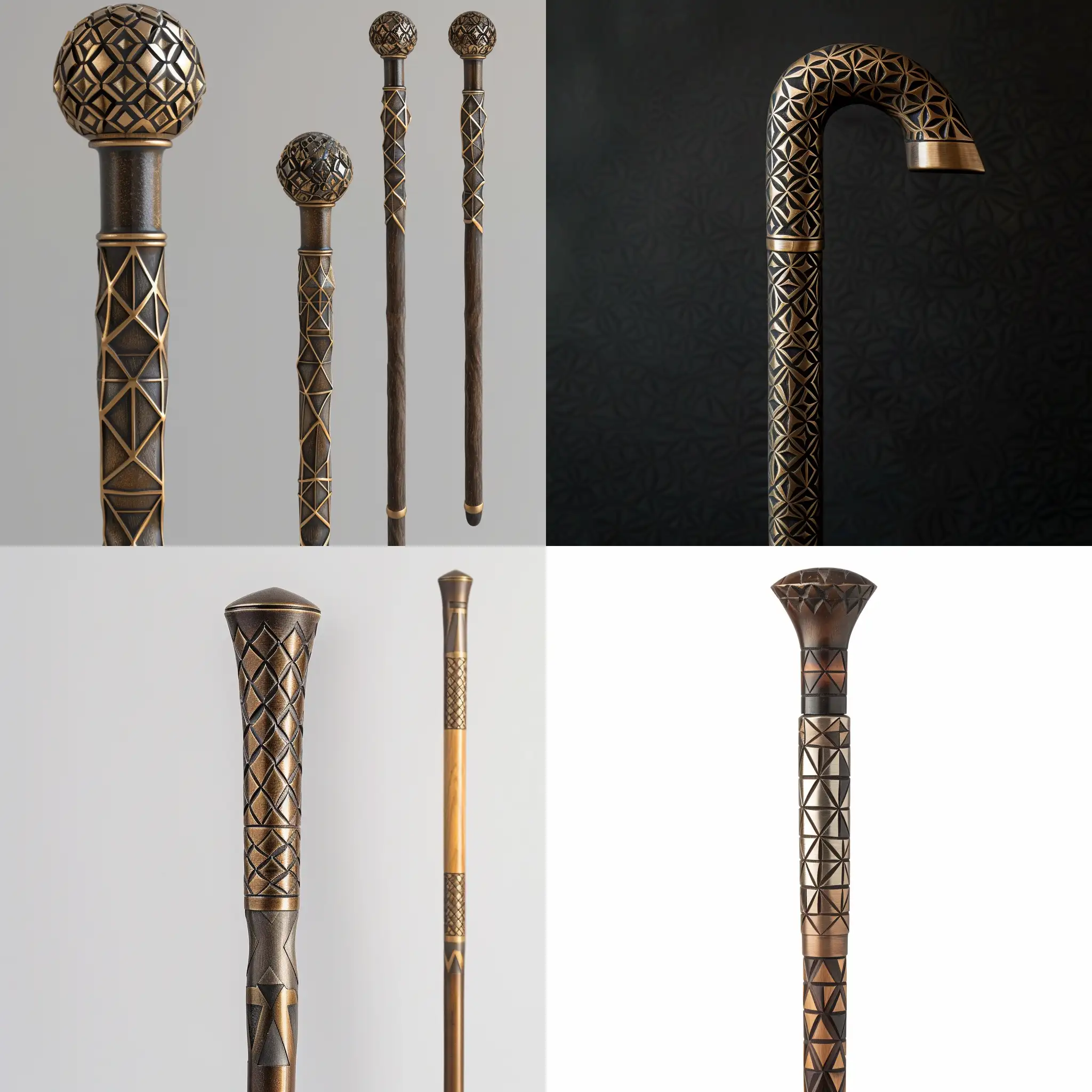 Cane with geometric patterns, Mackintosh style, the head of the cane is made of bronze, the shaft tree is oak, hd, detailed