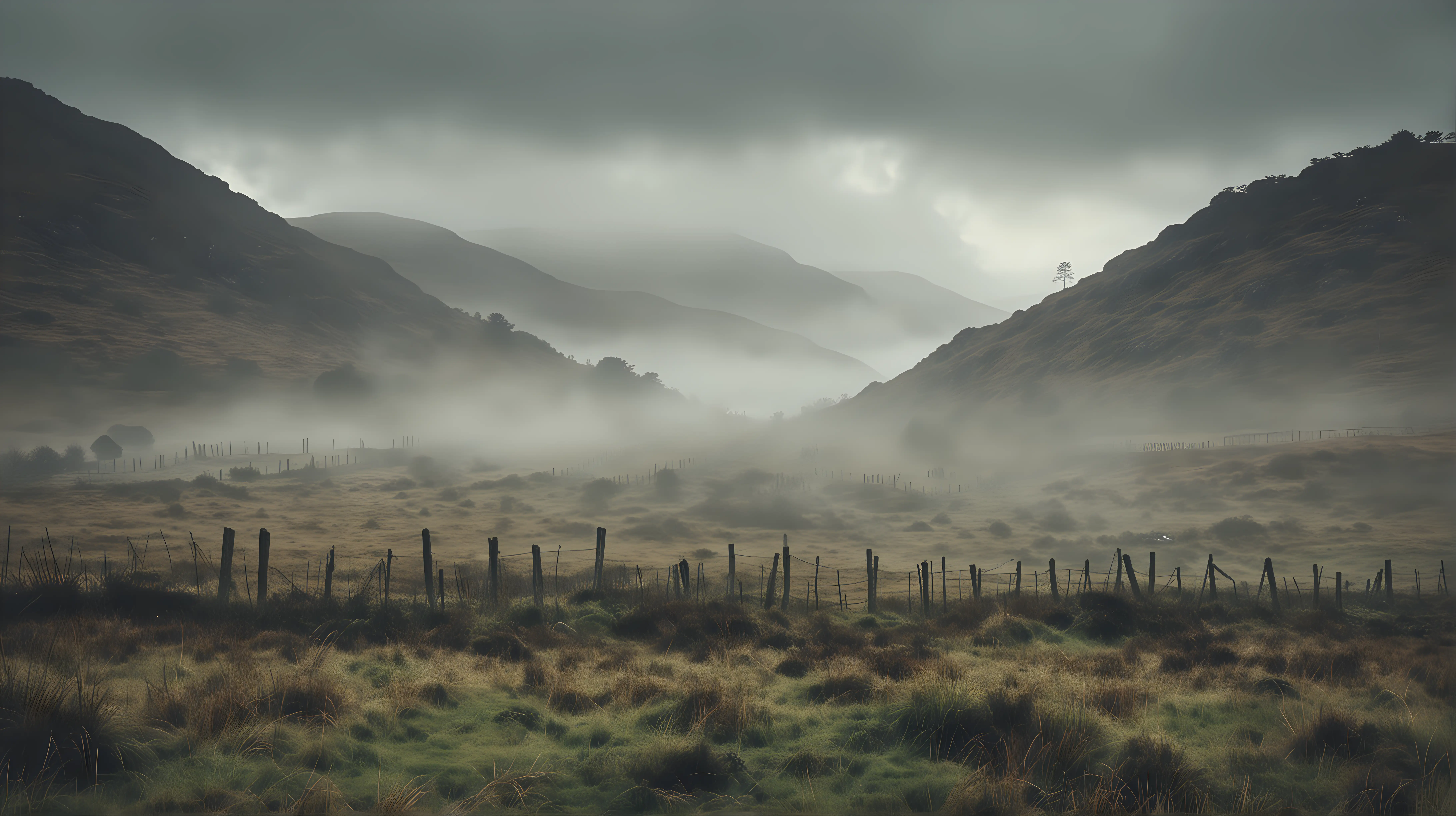 "I'm creating a lookbook for a mystery thriller movie centered around Detective Sergeant Cora Lear. The first image should capture the eerie, mist-covered landscape of rural Scotland, setting the stage for a tale of murder, secrets, and betrayal. 
