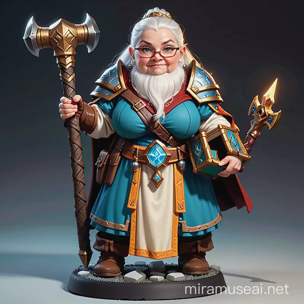 Elderly Female Dwarf Cleric Wielding Warhammer in Dungeons and Dragons Scene