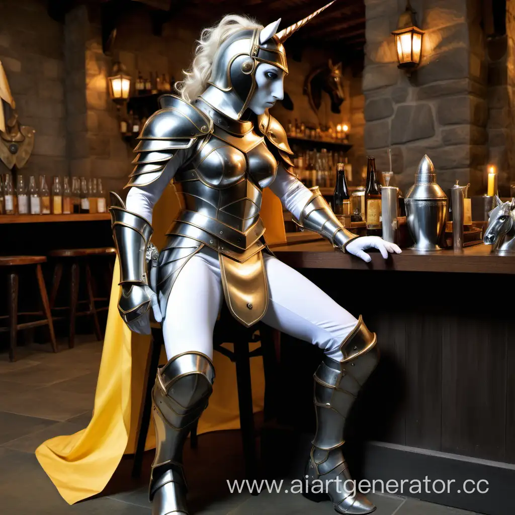 Woman, He is sitting forward to the frame, exactly in the frame, leaning with his back against the table, behind the bar, bottles on the table, glasses on the table, armor, tight-fitting chest, white trousers with a high waist, horse legs, legs with hooves, medium chest, silver armor, protective shoulder pads, protection on his hands, standing next to spear staff, large bulge of penis under clothes, gray clothes with yellow details, blond hair, yellow magician's cape, high helmet, raised visor, visor with a grille, unicorn horn on the helmet in the center, horse ears on the head, yellow leather gloves, sitting in a tavern, dark, long legs, entirely in in the frame, half-height in the frame, candles, relaxed pose, a bag lies on the floor, yellow eyes, stern calm look, pale skin, large black belt, worked eyes, bright eyes, armor on the hips, Tight-fitting armor, iron shields on the hips, beautiful eyes, dark indoors, minotaur horse legs, girl, girl minotaur, There is a spear on the floor and a helmet on the table,  light armor, horse ass, 1 horn, The lower part of the horse's body