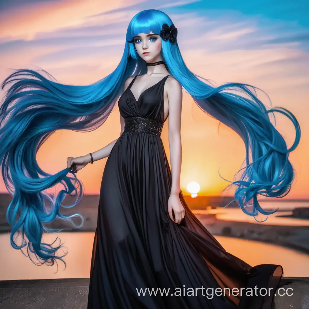 Девушка с синими волосами, голубыми глазами в чёрном длинном платье на фоне заката солнца