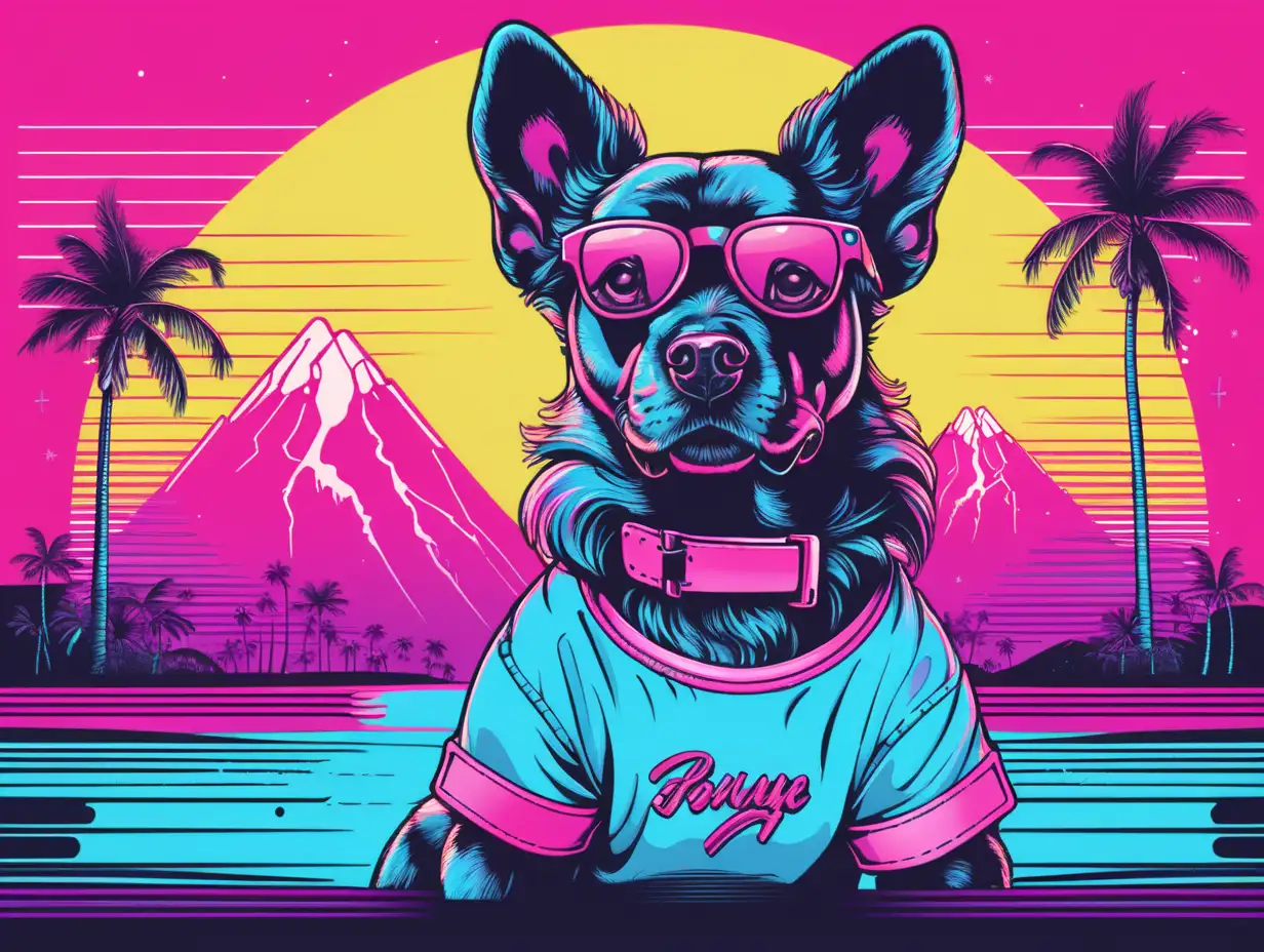 Synthwave Dog Graphic on Vibrant TShirt Vector