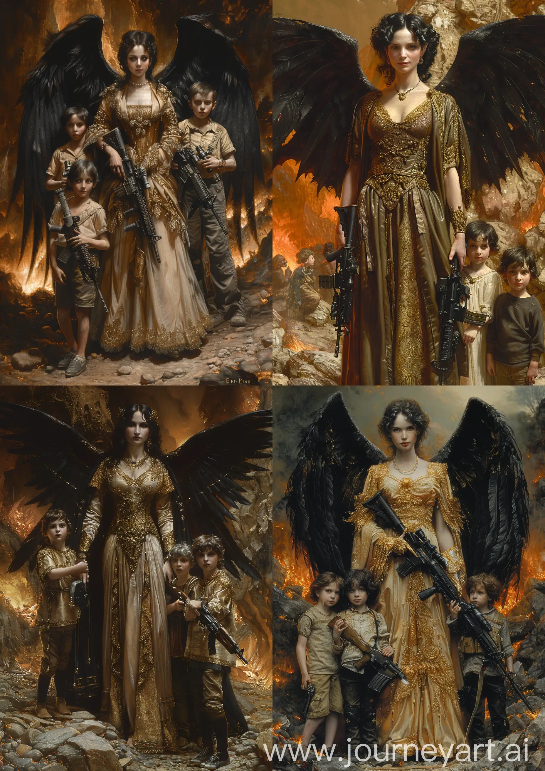 Edward Burne-Jones painting of  a beautiful female vampire standing next to her kids, having black wings, ornate with gold and silk robes, welding an M16 rifle, standing on rocks, fire tones, detailed, full body --c 22 --s 750 --v 6.0 --ar 5:7