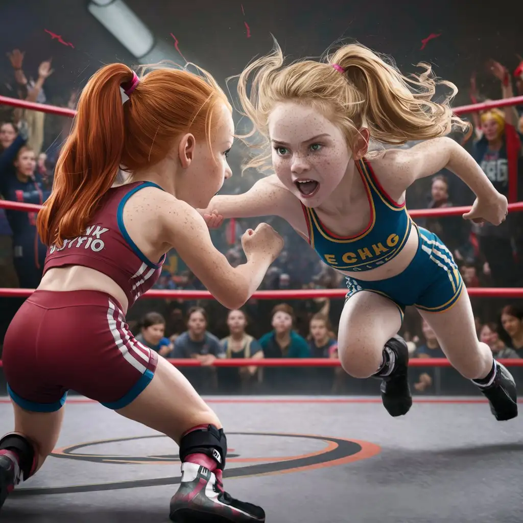 Redhead vs Blonde Freckled Girls Wrestling Match in the Ring