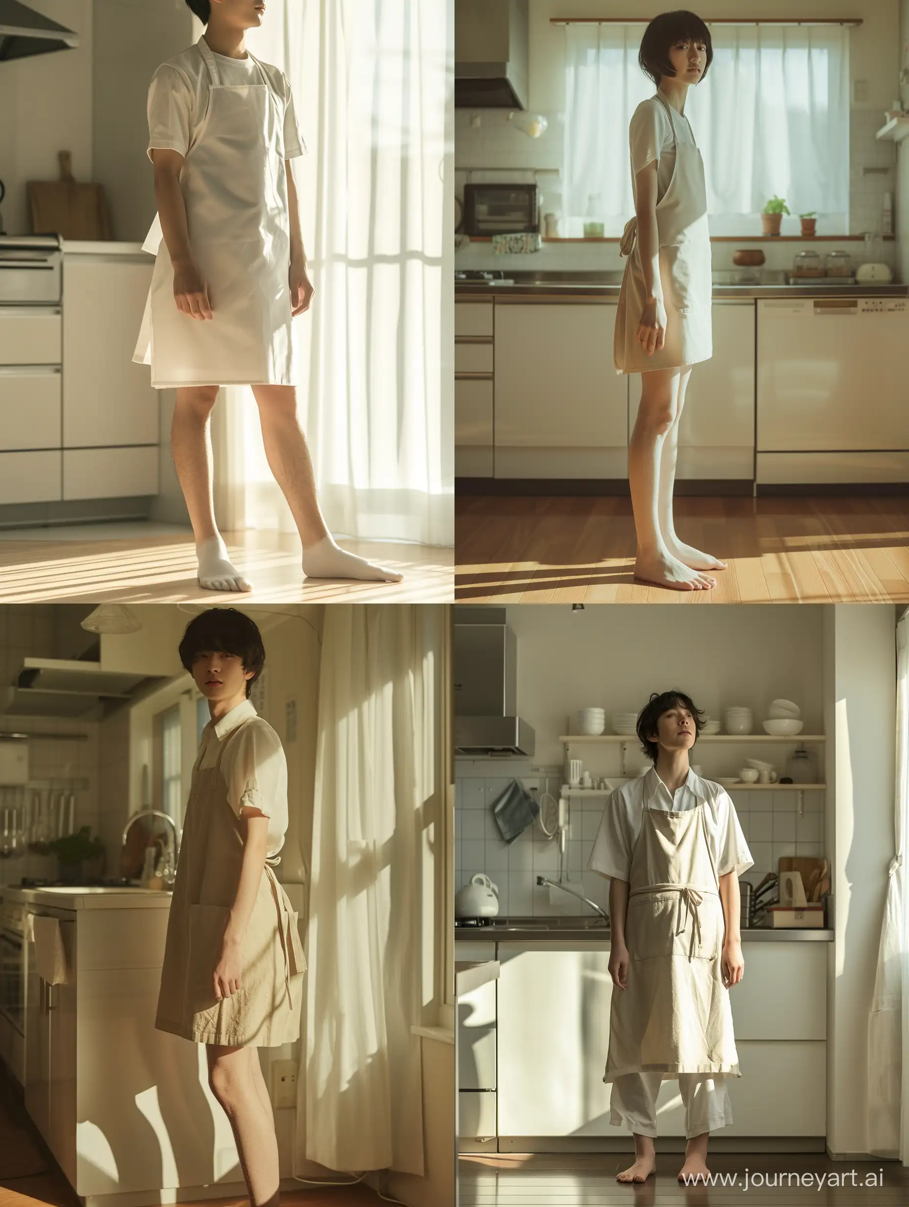 リアルな写真。美しい日本人女性がエプロンをしてキッチンに立っている。頭も含めた全身が写っている。朝日が入る明るいキッチン。足は少し開いて立っている。恥ずかしい表情で目を逸らしている。