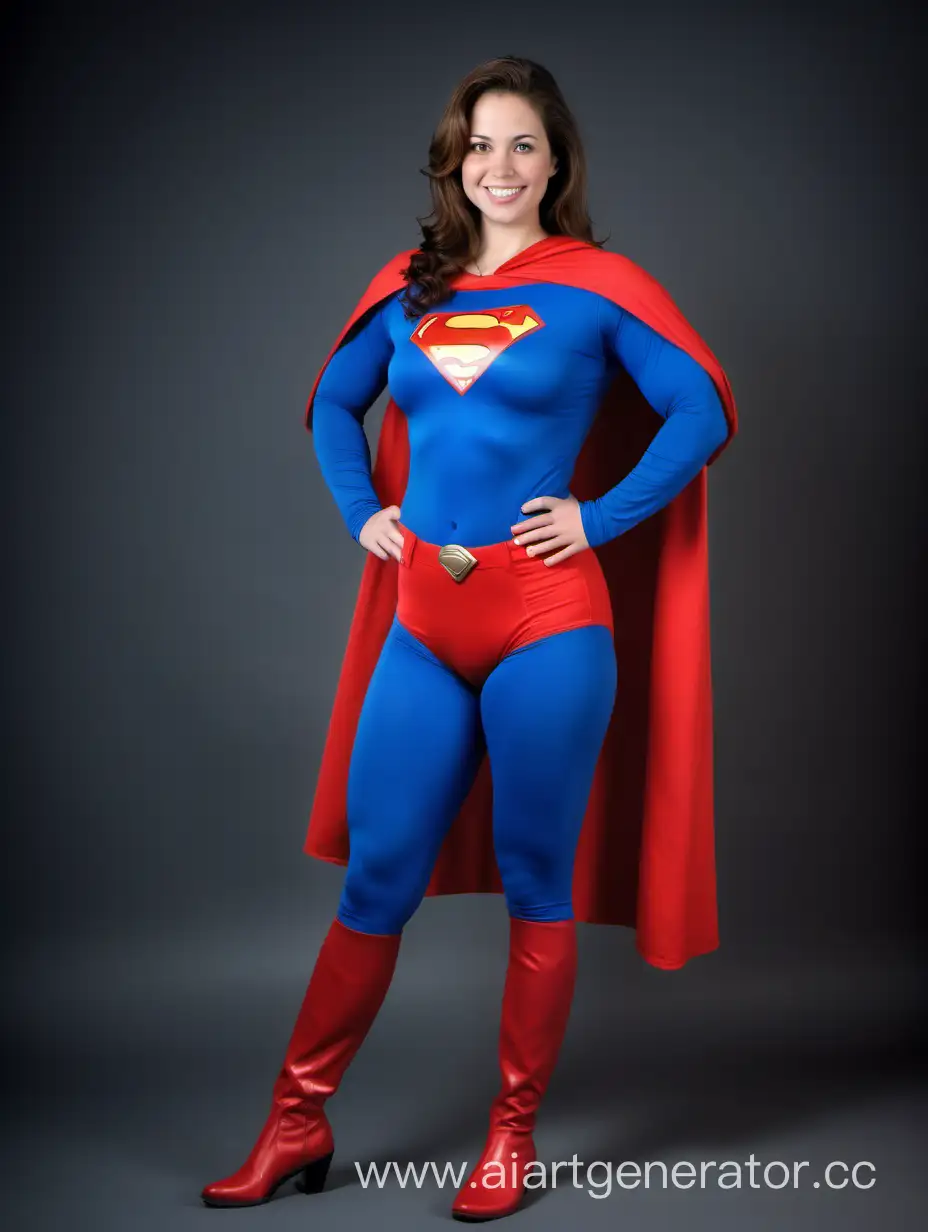 A beautiful woman with brown hair, age 30. She is happy and confident. She has the body of a weight lifter, muscular, bulky, thick. She is wearing a classic Superman costume with (blue leggings), (long blue sleeves), red briefs, red boots, and a long cape. Her costume is made of very soft cotton fabric. She is posed like a superhero. Strong and powerful.