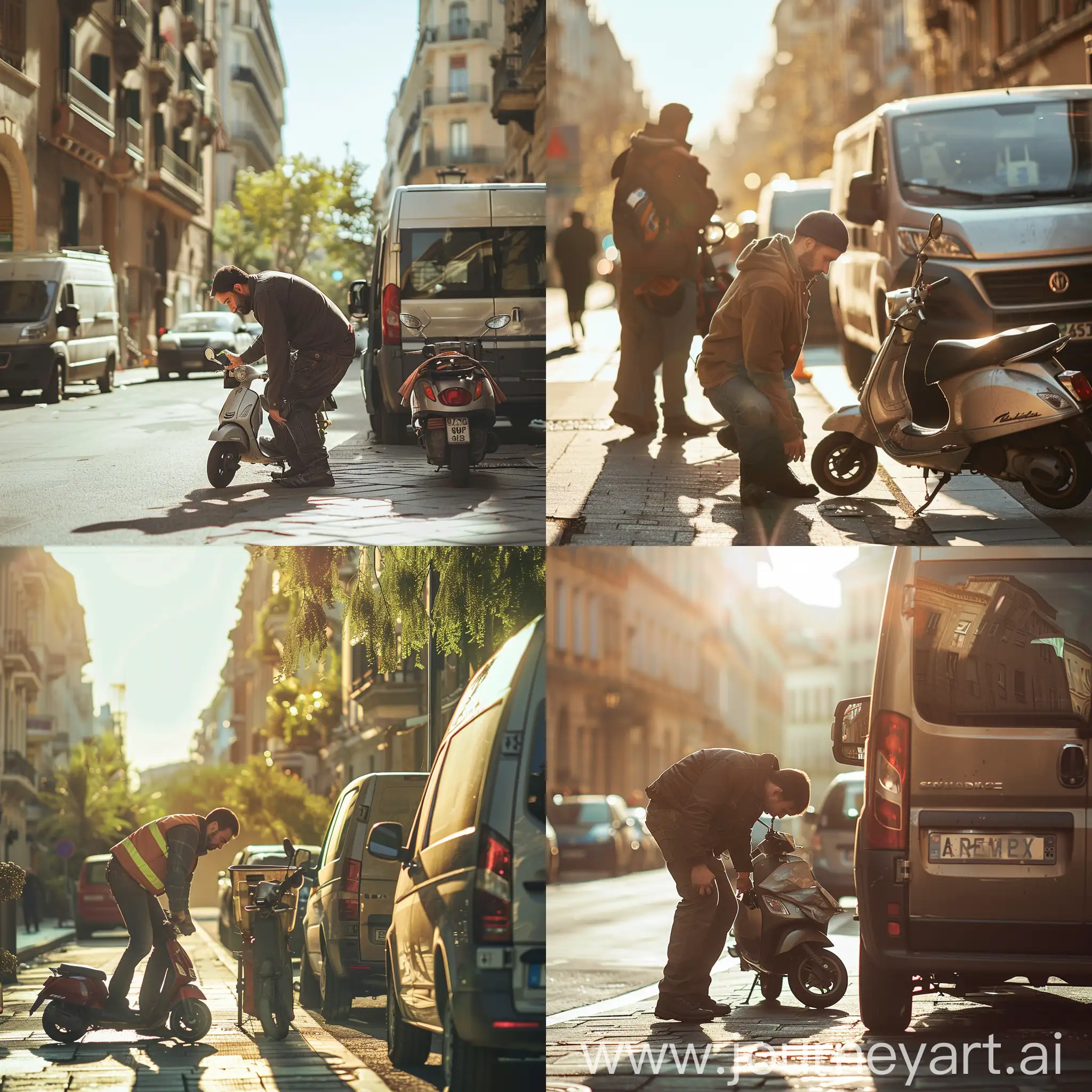 lavoratore professionale che si china su un monopattino  parcheggiato in strada in città durante una giornata soleggiata con un furgone parcheggiato