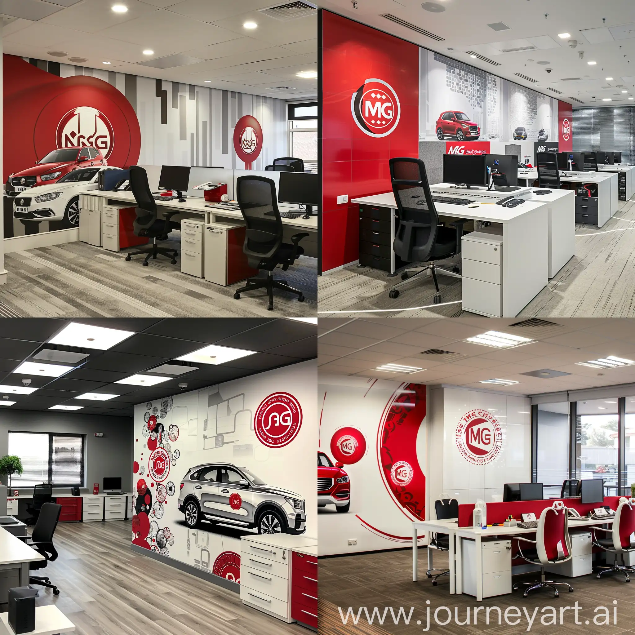 Office interior with MG motor branding, wall stickers in red and white, elegant designs