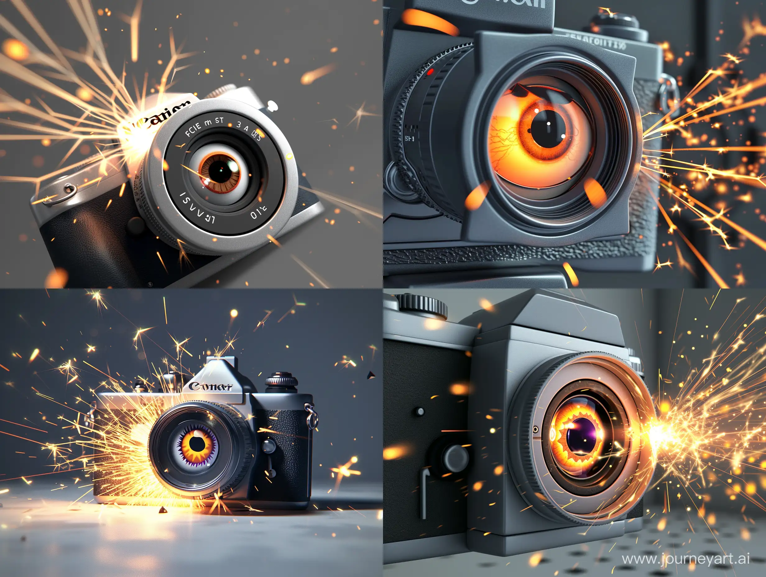 a camera in which you can see a cartoon eye in the lens and it's very cute. and little sparks fly out of the button. text click u.  style - 3d realictic