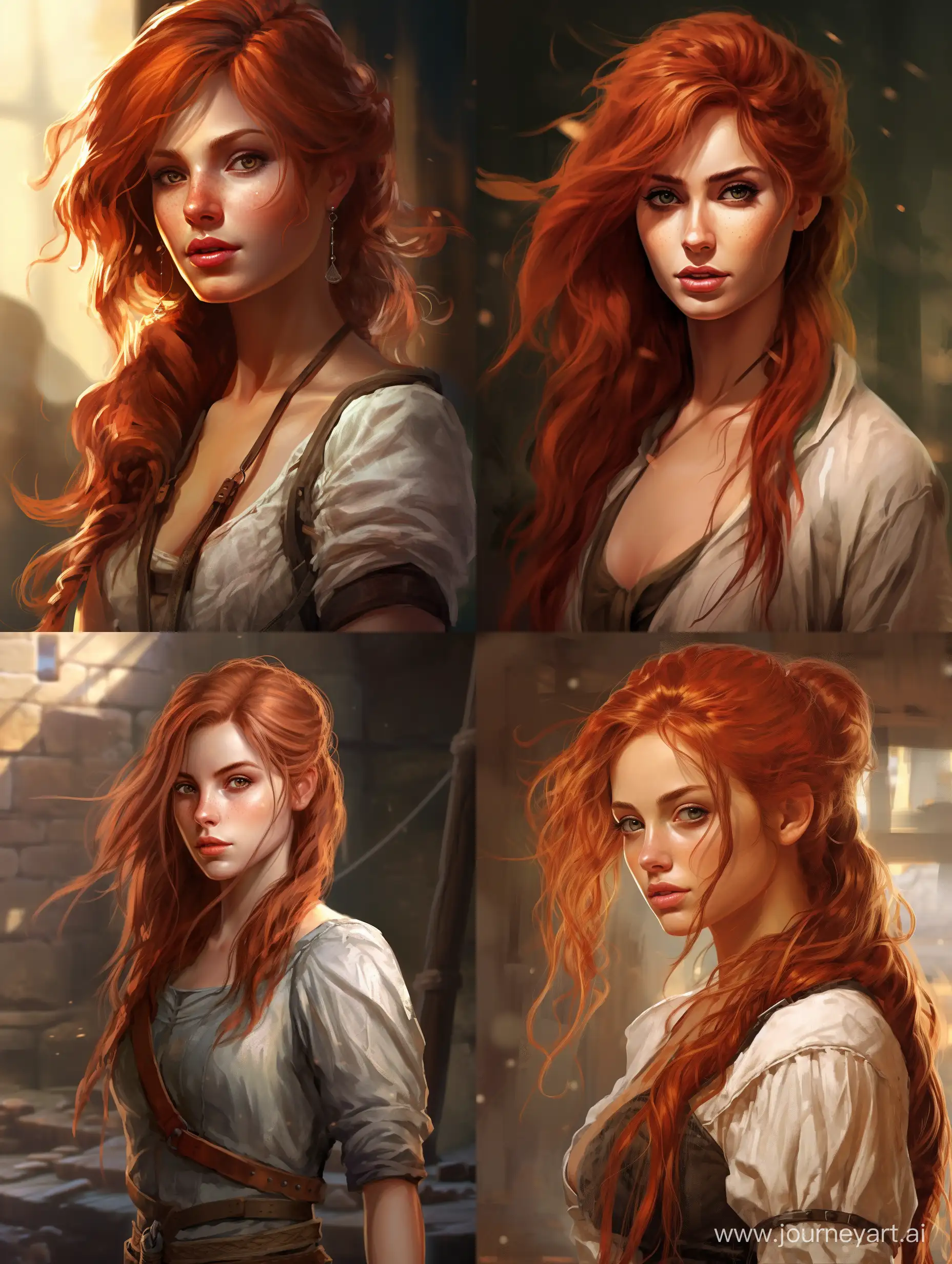 redhead mid length haircut female elf, brown eyes, slightly upward nose, thin lips, baldurs gate 3 style, fantasy