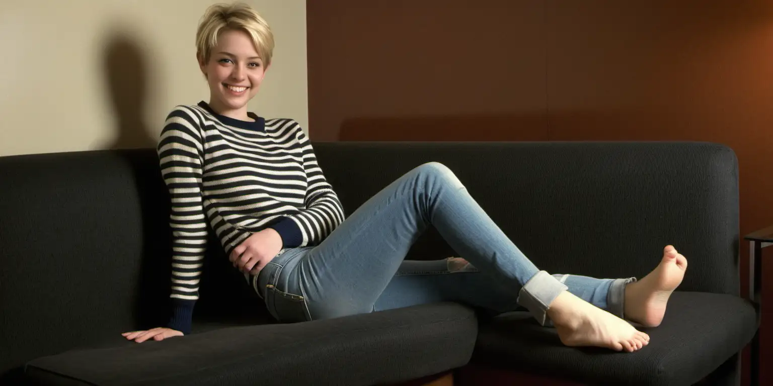 Cheerful Woman Relaxing on Lounge Couch in Stylish Attire