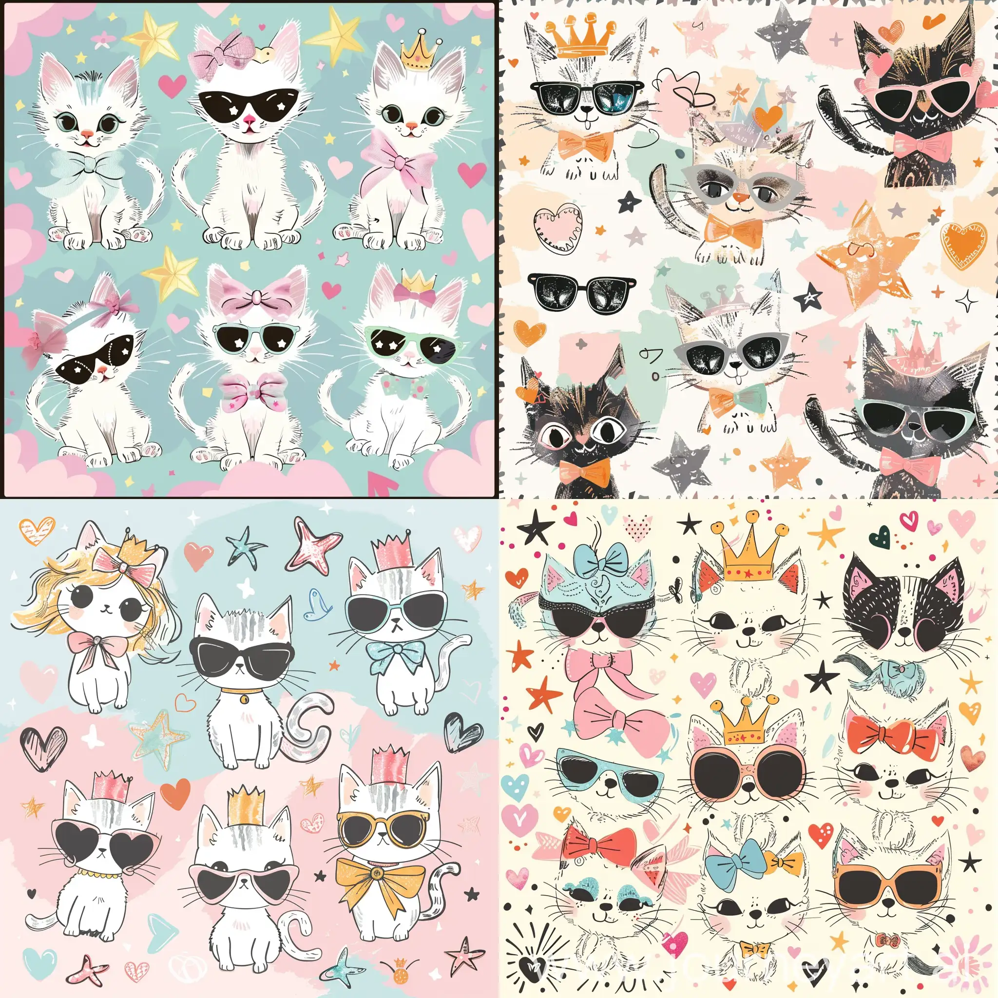 chic pastel background adorned with Coquette-inspired illustrations of adorable kittens wearing bows, crowns, or sunglasses. Surround the kittens with hearts, stars, and other girly motifs.