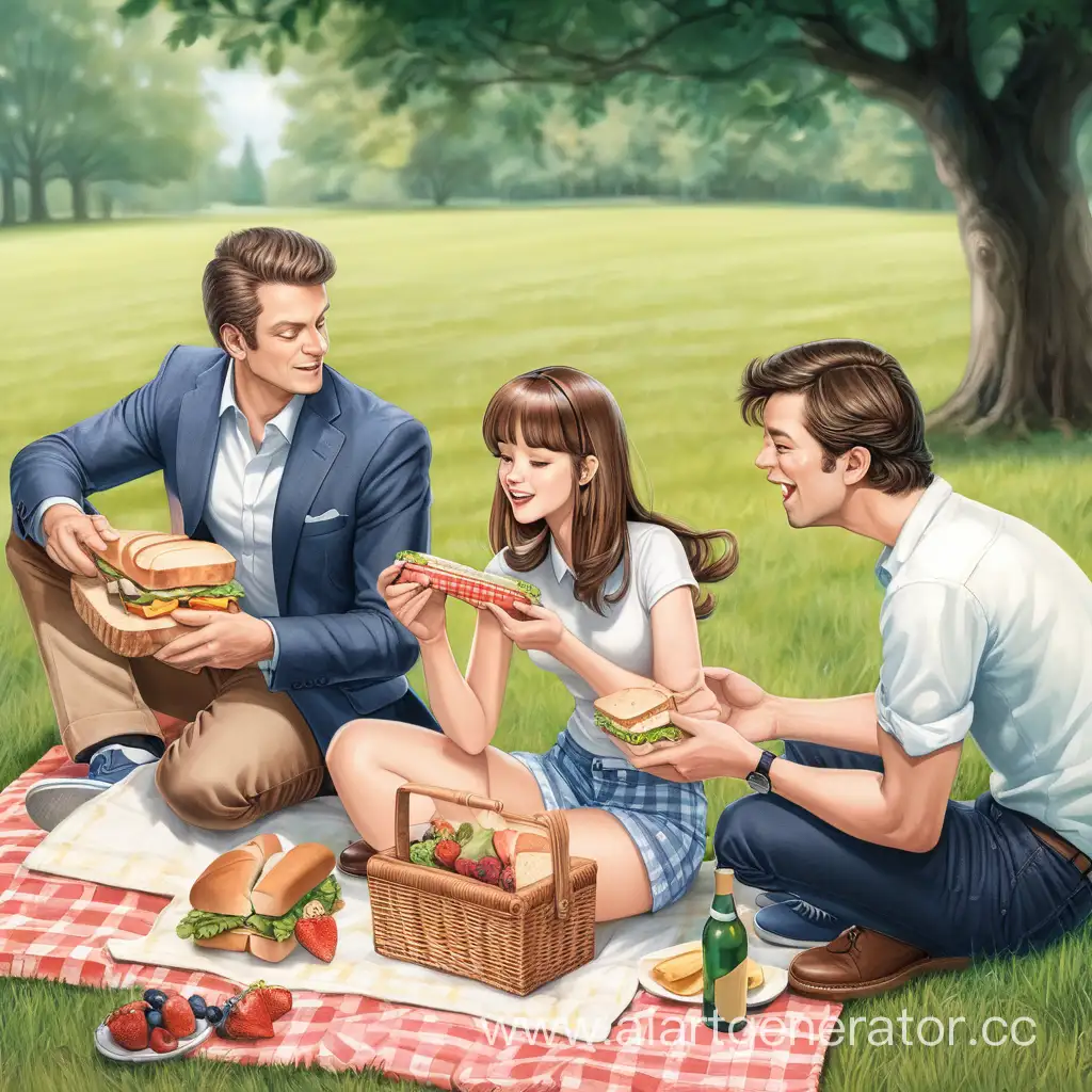 Joyful-Picnic-Gathering-with-Two-Men-and-a-Girl-Enjoying-Sandwiches