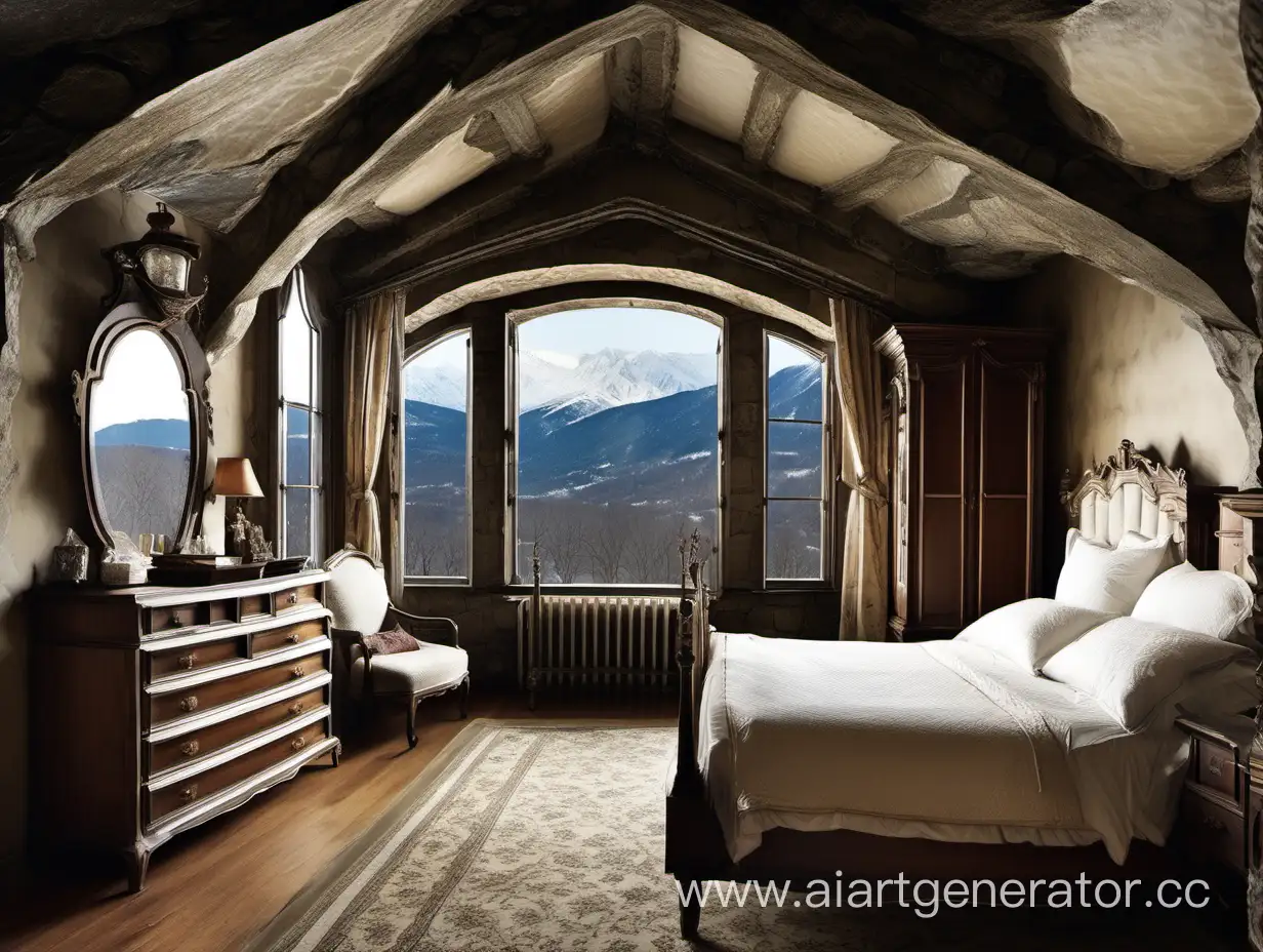 гостевая комната в замке с кроватью комодом и шкафом за окном зима и горы