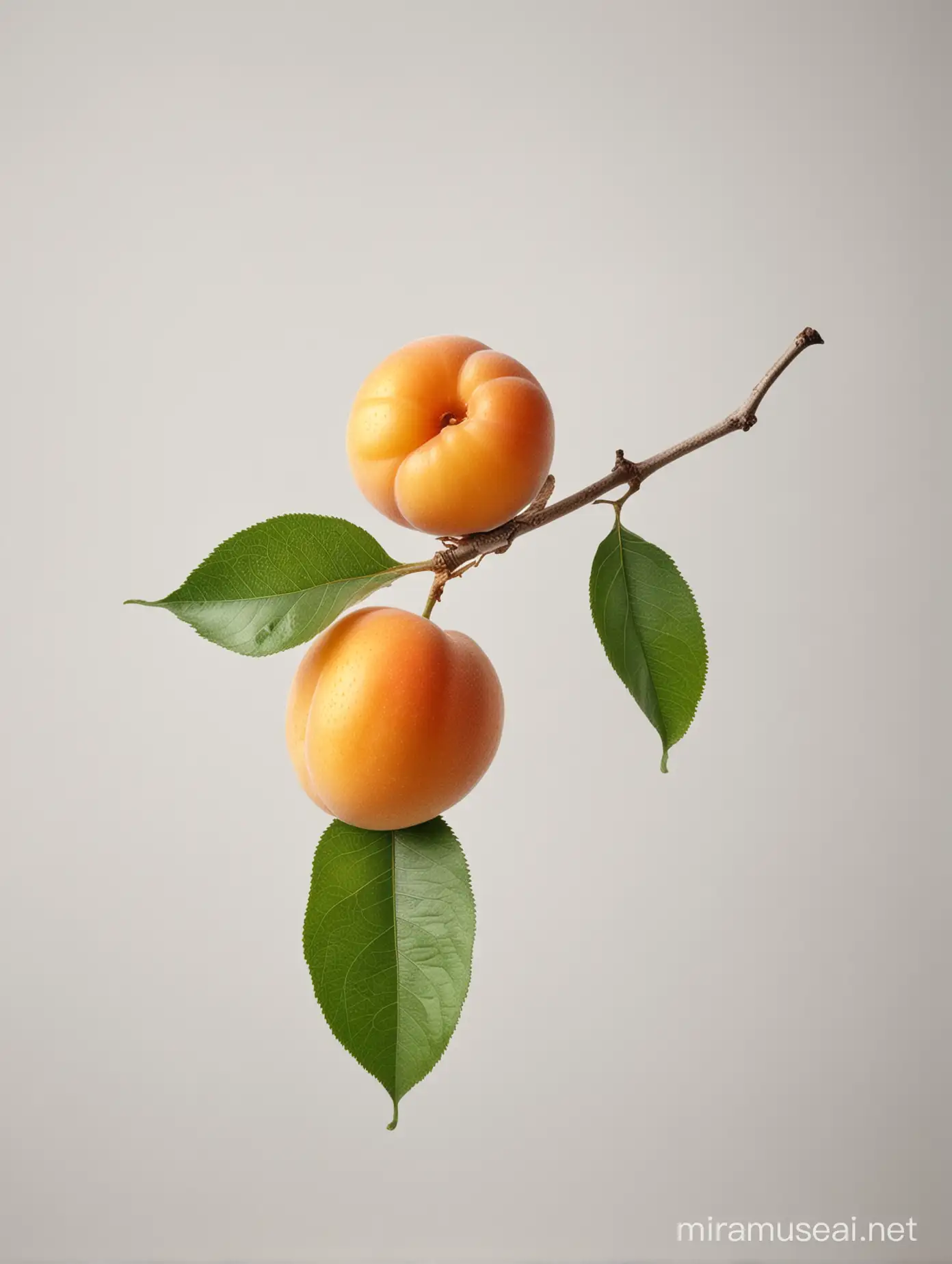 Ripe Apricot with Vibrant Leaf on White Background