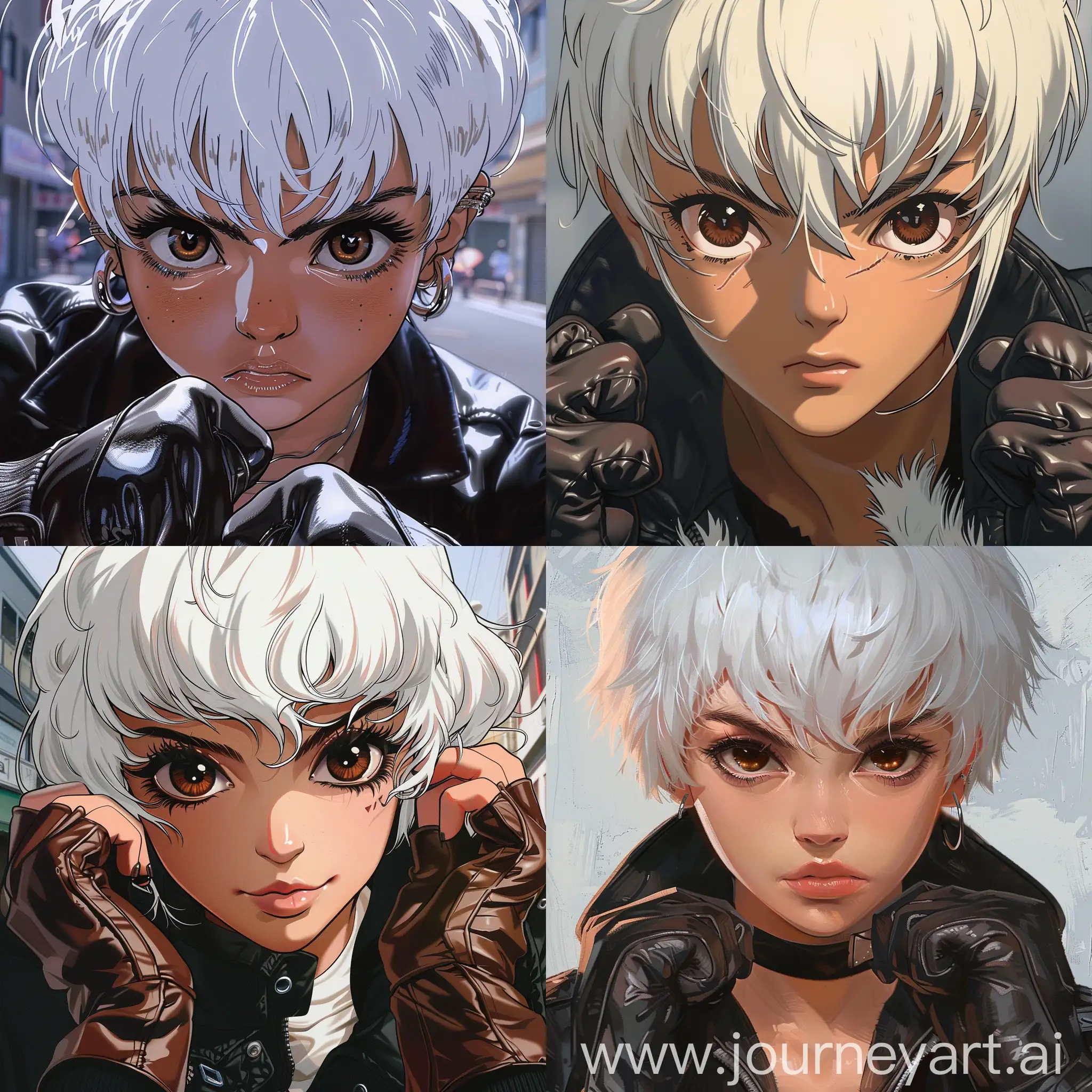 anime, fluffy short white hair, badass, beautiful young woman, cute, brown eyes, sharp eyes, leather gloves, thick eyebrows, black jacket, street, retro style, jujutsu kaisen, close up character design, concept design sheet, 90s anime style