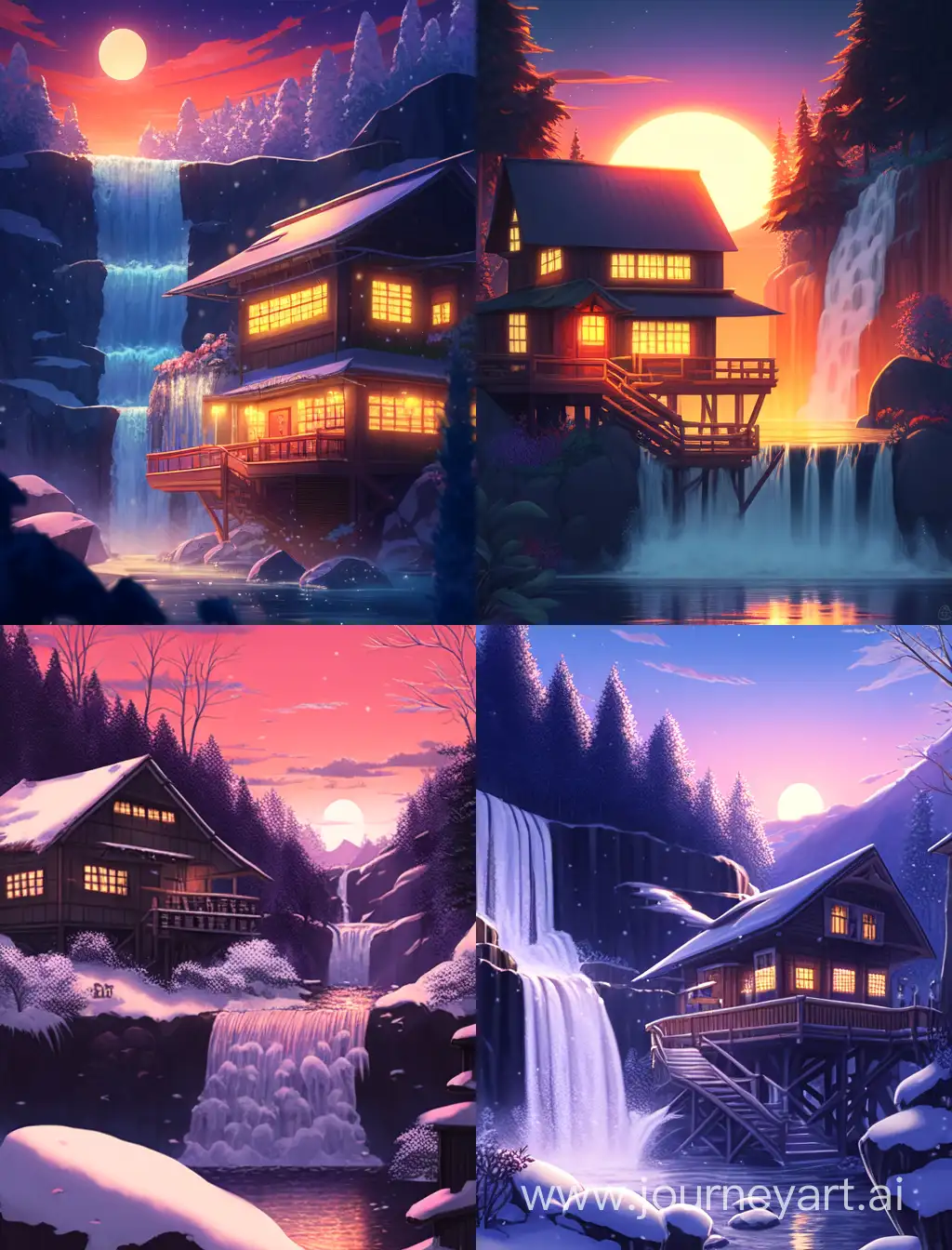 landscape, waterfall, winter, sunset, full moon, wooden house with warm lights