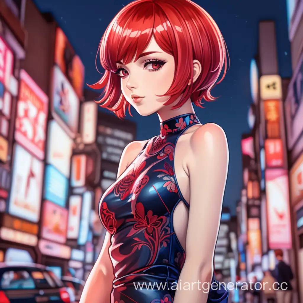 красивая девушка с ярко красными короткими волосами в облегающем коктейлном платье в полный рост в аниме стиле