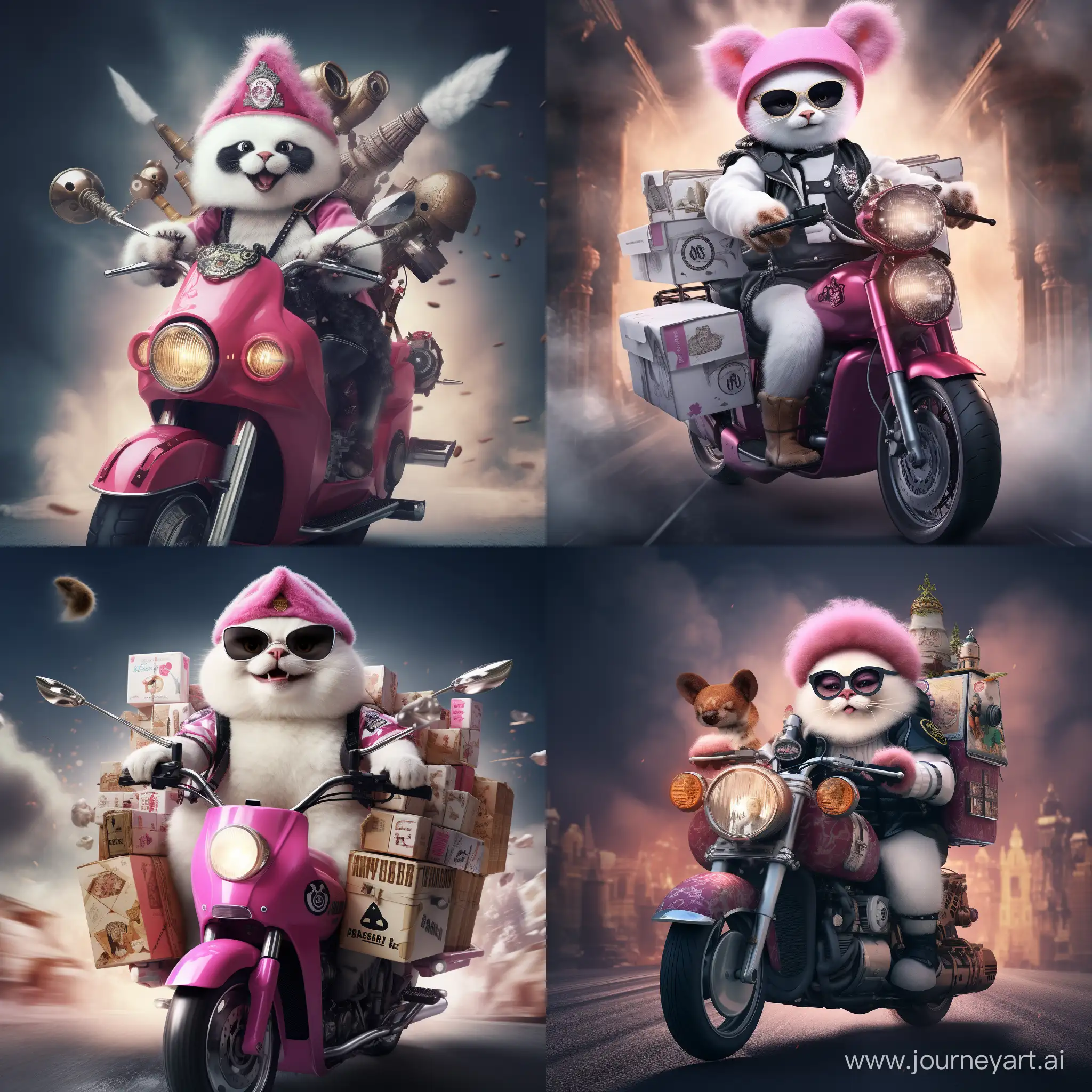 Create me an image photorialstic at eye level master shot of a panda Queen delivery looking at the camera who is riding a white rocket with pink head and carrying a delivery package