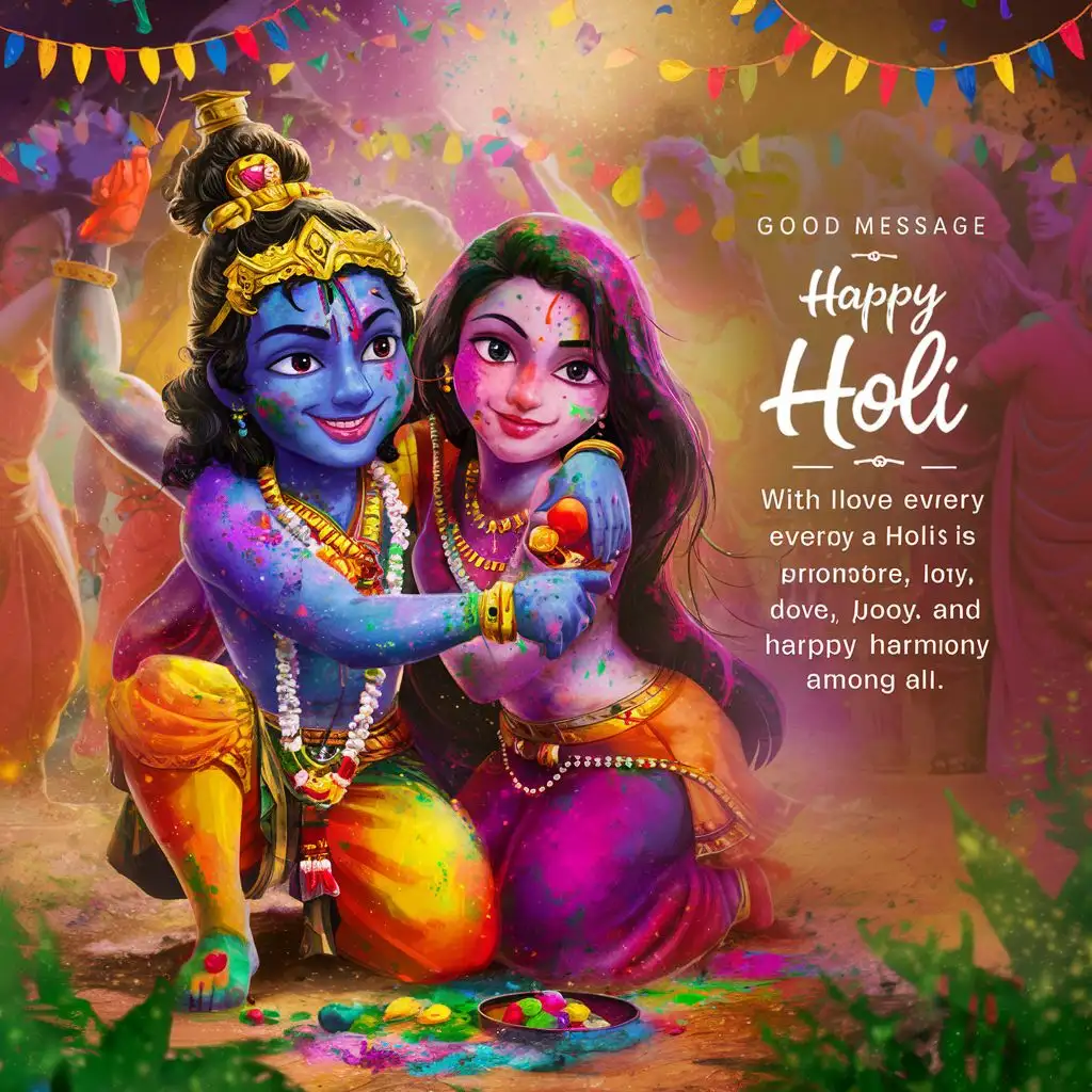 Create a image of Wishing Happy Holi IMages Related To Radha Krishna PLaying HOli in Mathura And also Mention Wishing Happy Holi wit Good Message.
