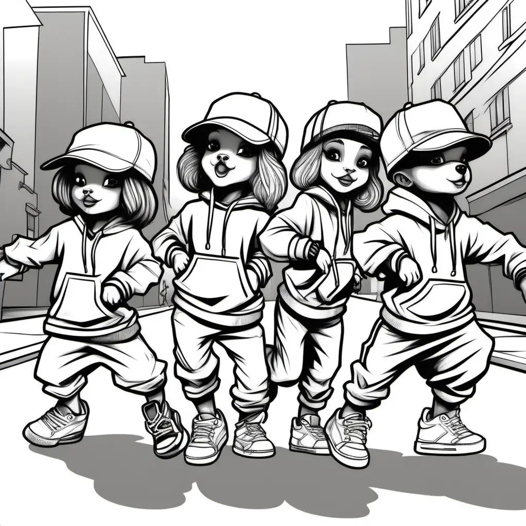 Hip Hop Puppies Break Dancing with Children Coloring Pages