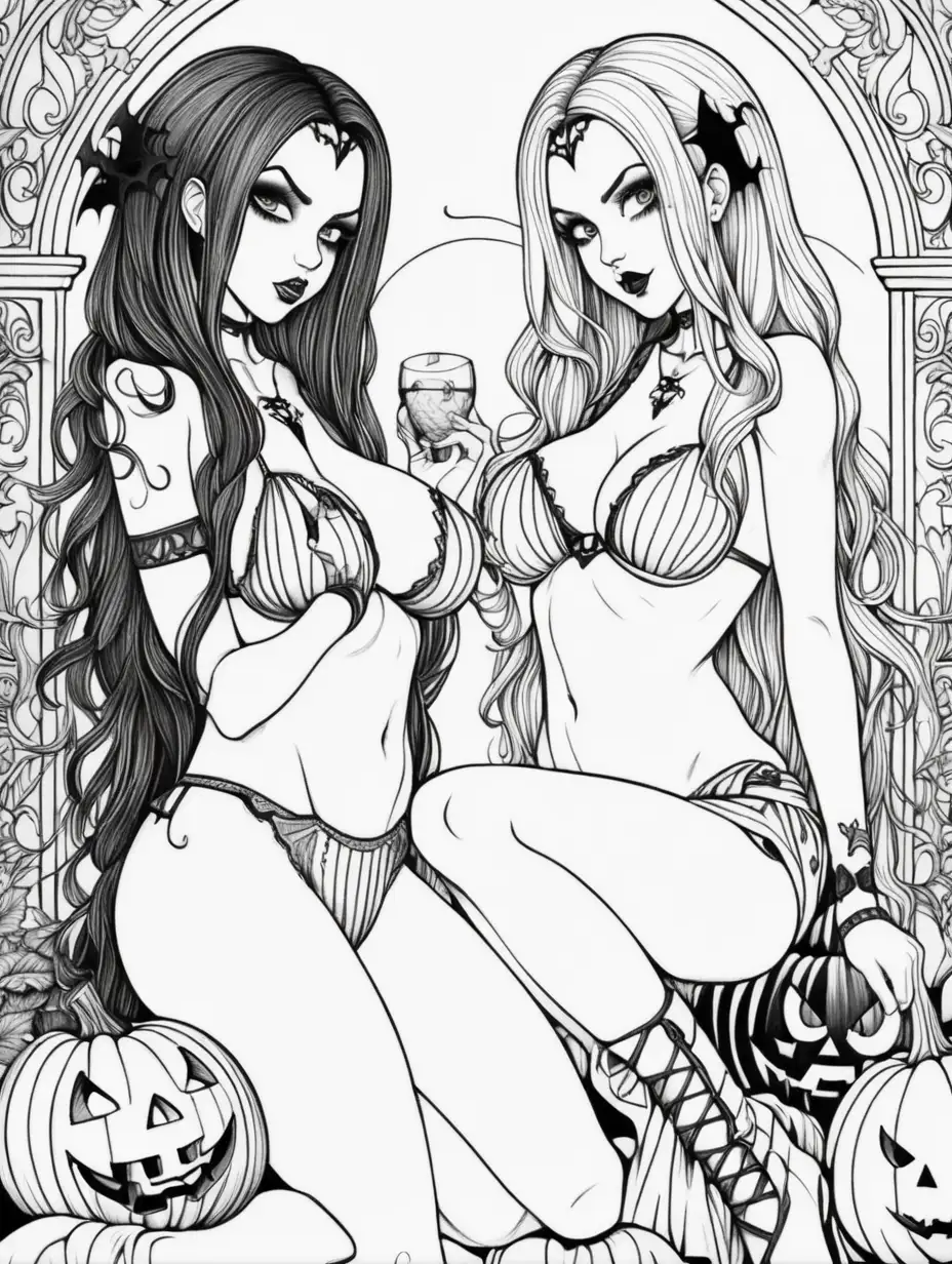 Adult Coloring Book Page, Black and White only, No Shading, Thick Black Outlines, FEMALE GOTHIC BIMBOS, SEXUAL POSES, detailed halloween background