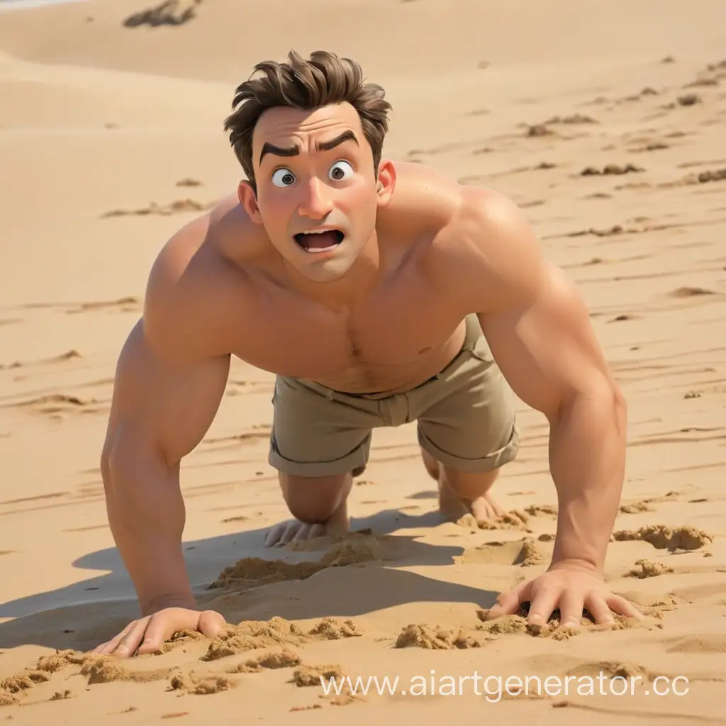 мультяшный мужчина ползет по песку с далека 