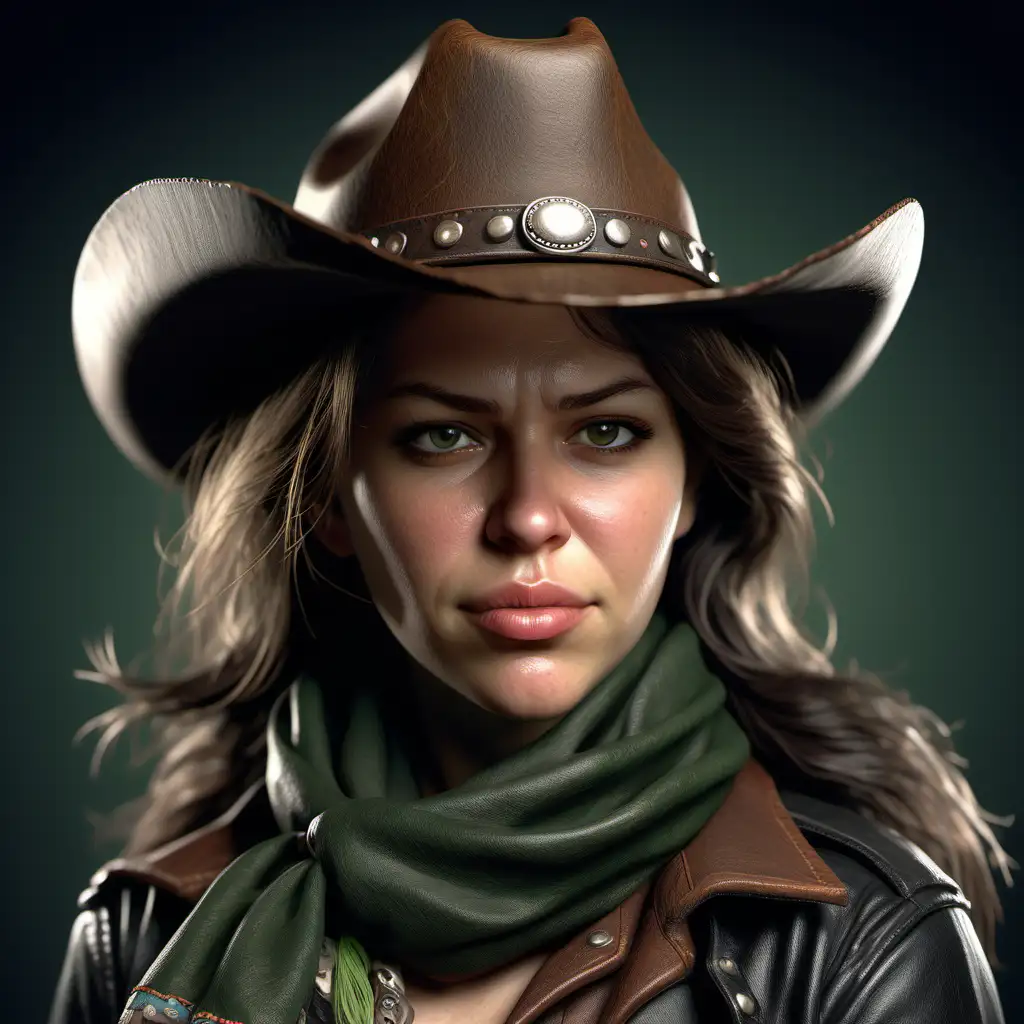 hyper realism, matron ugly cowgirl, wild west American cowgirl wearing dark clothing, wearing short green cotton scarf, wearing small Outback leather Grizzly Hat with decorative feather in band, light skin tone cowgirl with serious expression, fat face features soft jawline clear skin, face features big wide flat nose and hazel eyes, cowgirl with shoulder length flowing dark brown hair
