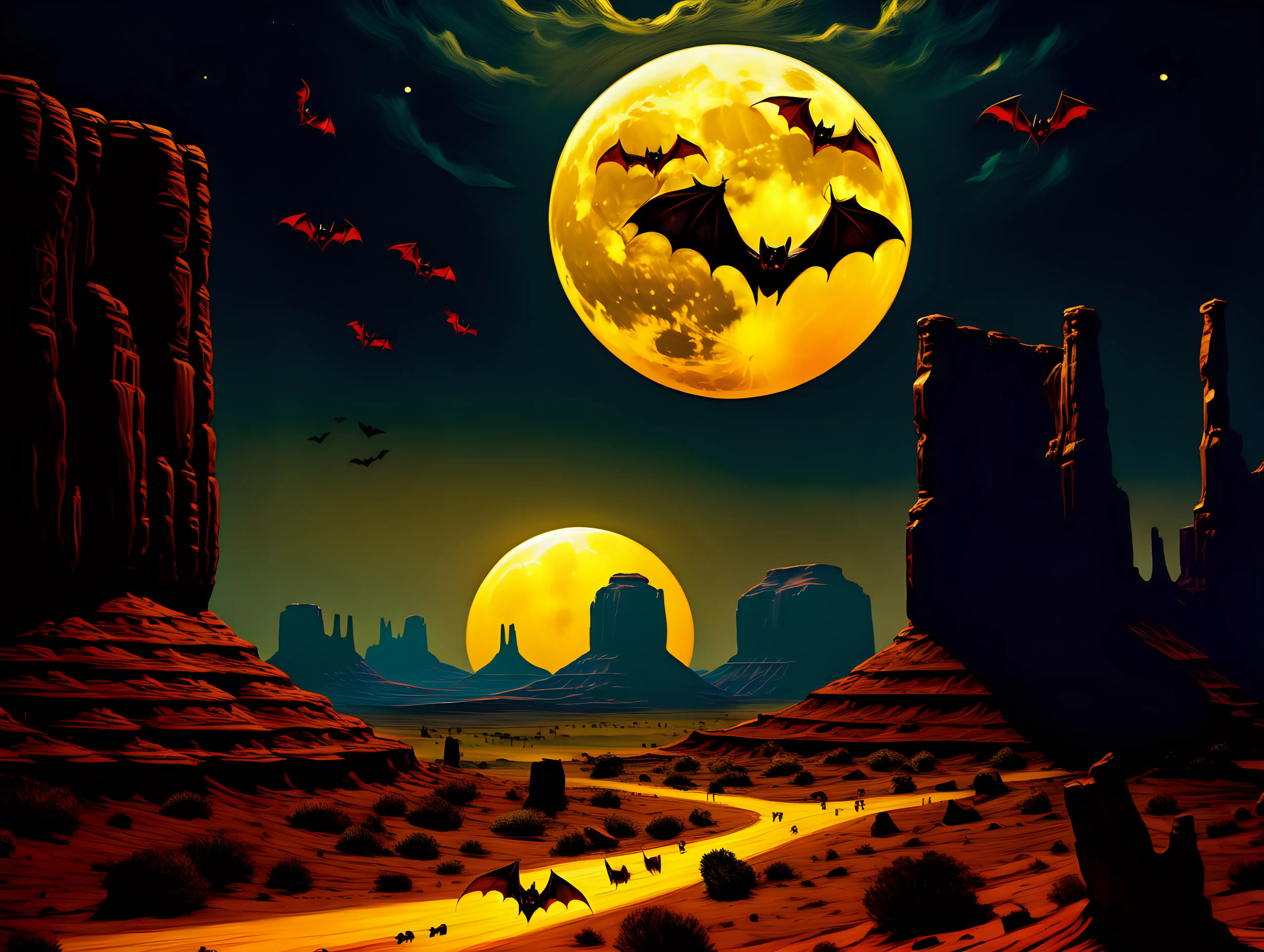 Nocturnal Vampire Bats Soar Against Monument Valley Moon in Frank Frazetta Style