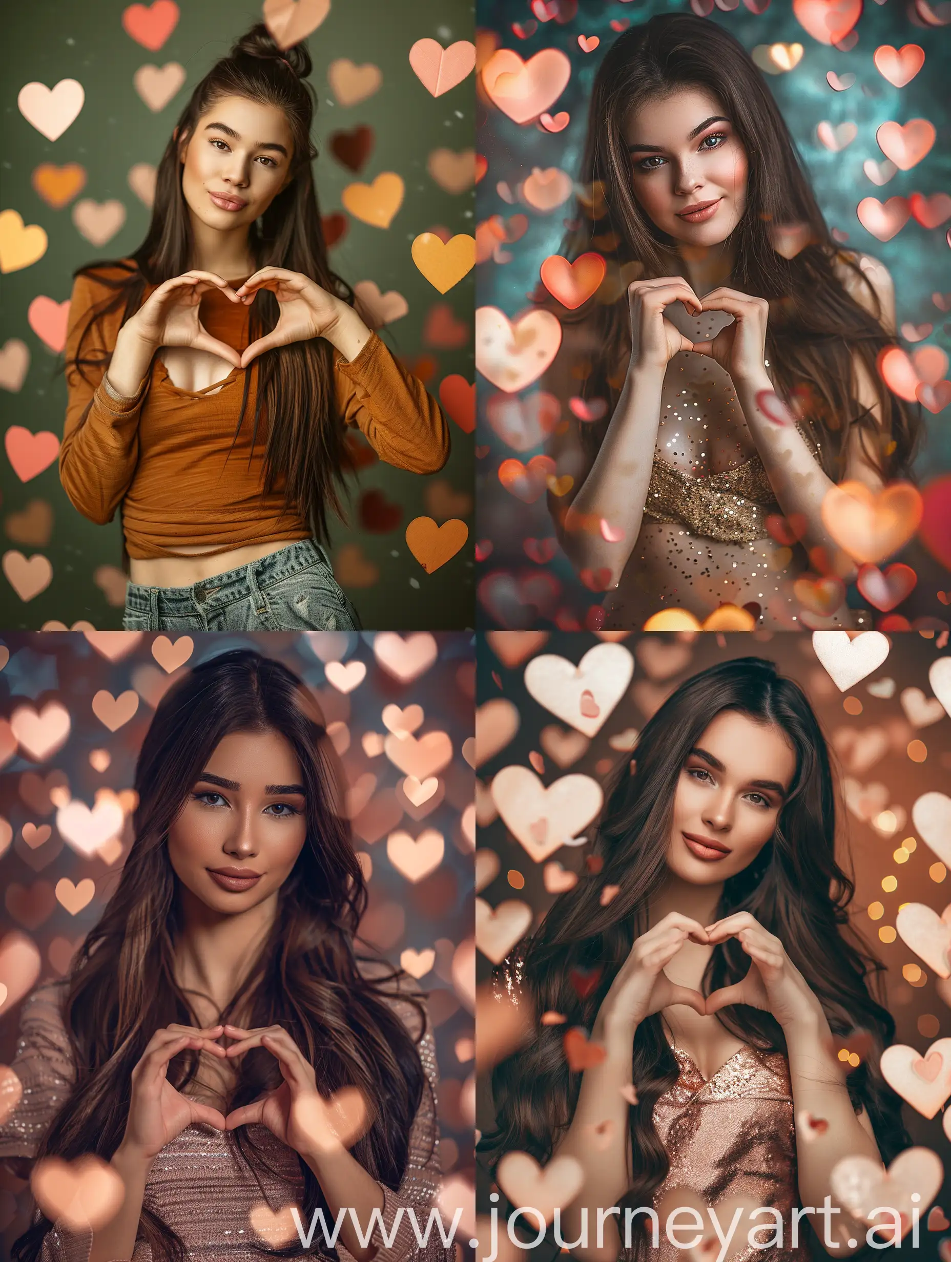 a pretty women standing among hearts, has dark long brown hair, full body pose photography, she is make a heart shape with her hands, realistic photo