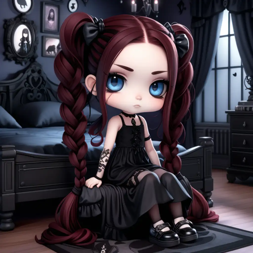 Charming Chibi American Goth Woman in Enchanting Bedroom