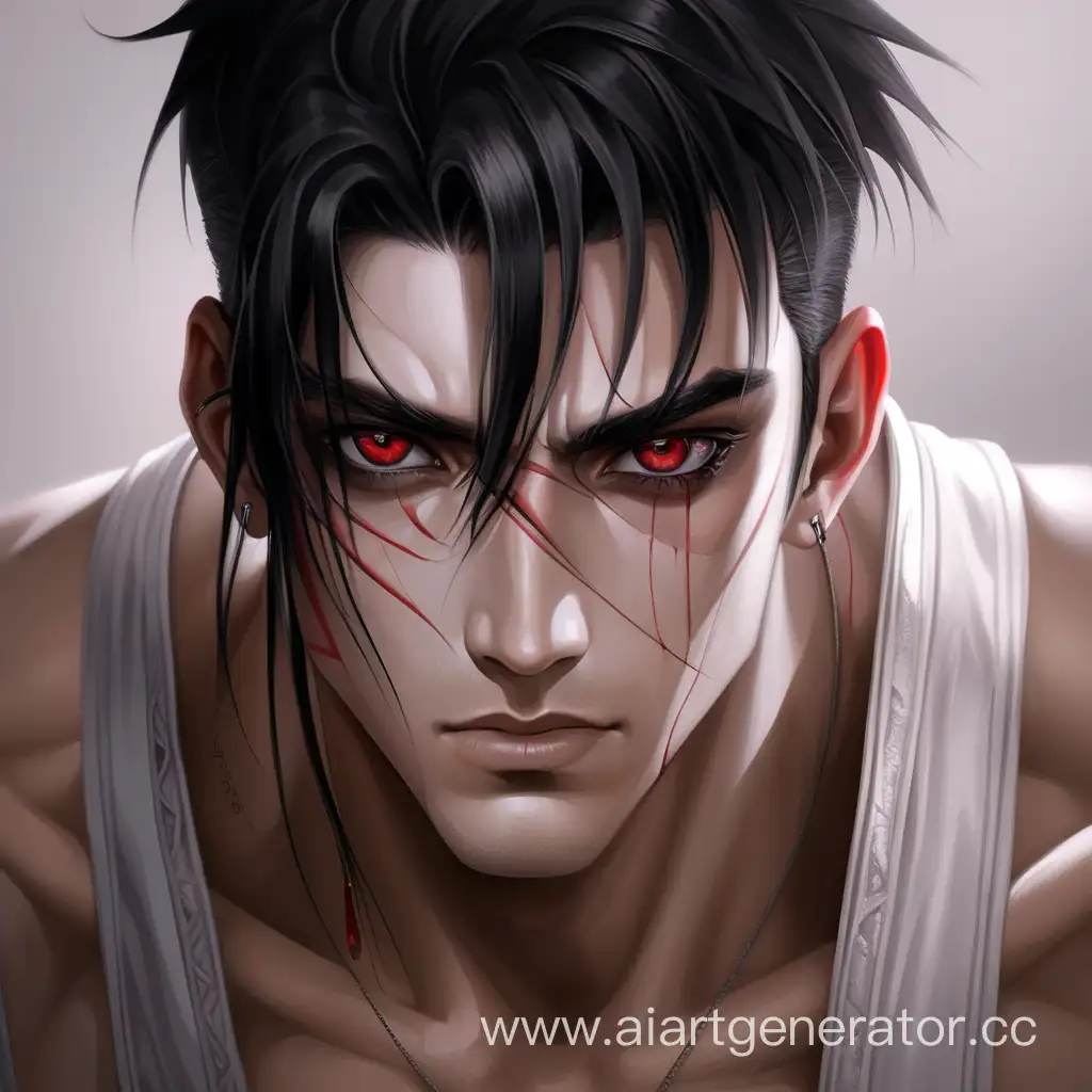 handsome guy red eyes black hair scars on his face shaved temples