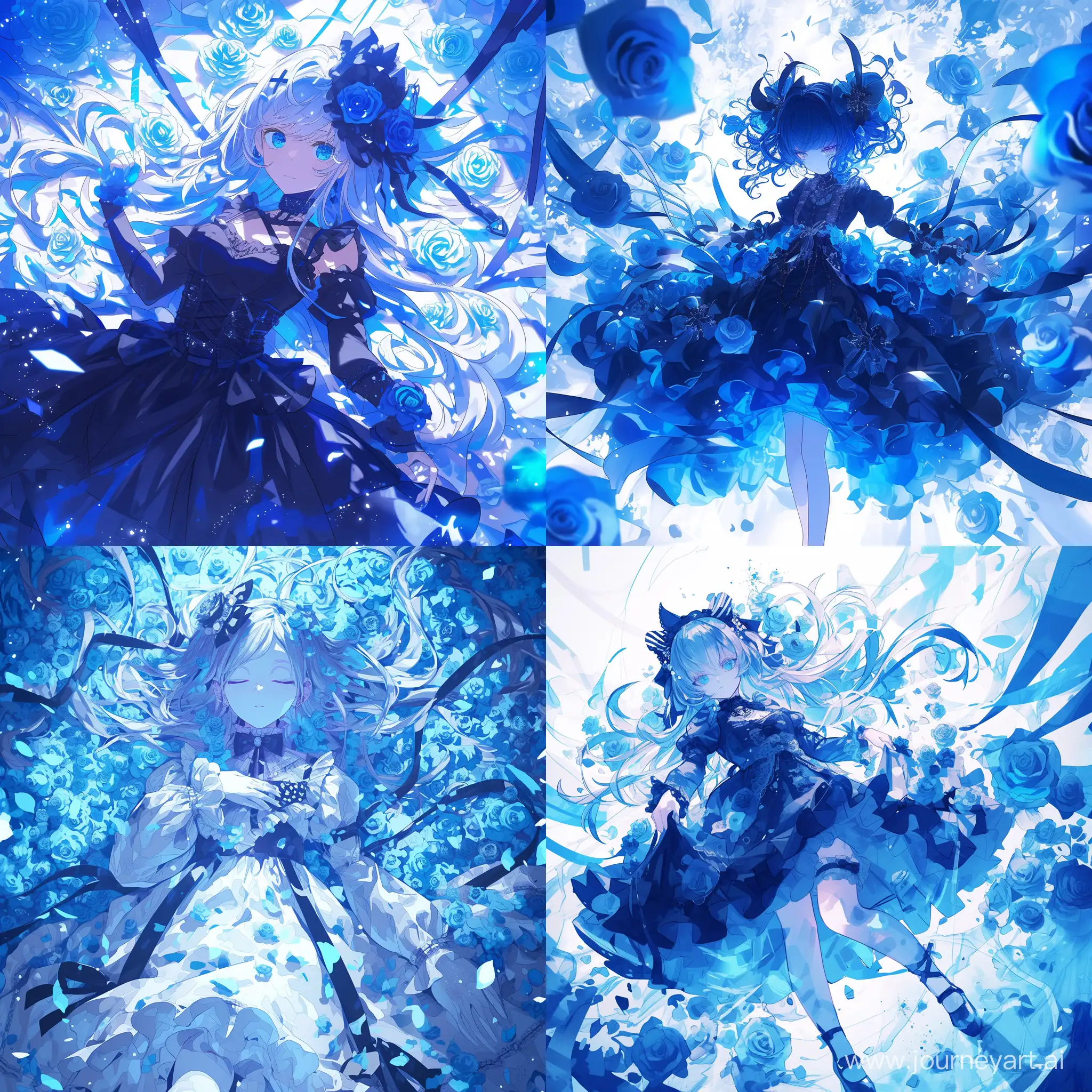 Goth-Lolia-Anime-Girl-Surrounded-by-Blue-and-White-Illustrated-Roses