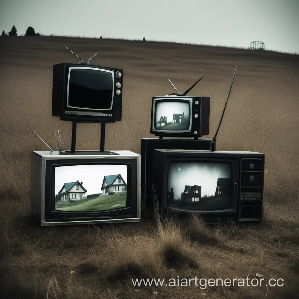 Surreal-Dreamcore-Scene-Three-Homes-on-Hills-with-Enigmatic-TV