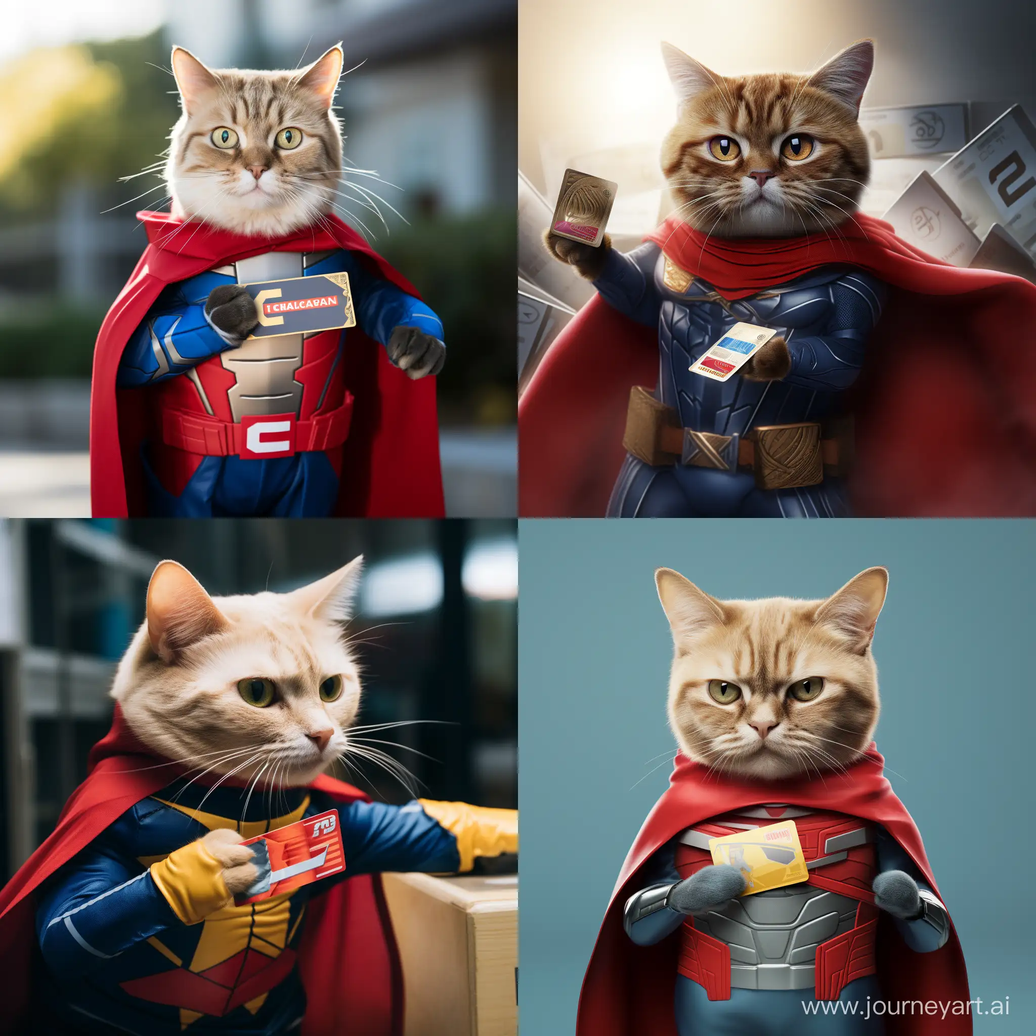 Superhero-Cat-Distributing-Debit-Cards-in-a-Whimsical-Scene