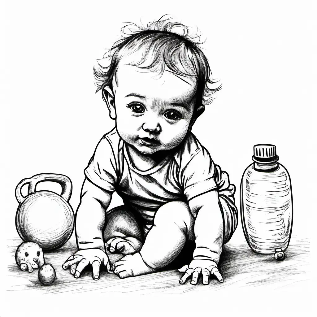 Create a hand sketch of cute baby crawling.
Include the whole objects in the picture.

All the drawing should fit in the image.
No colors. White background. No shades. Background : FFFFFF