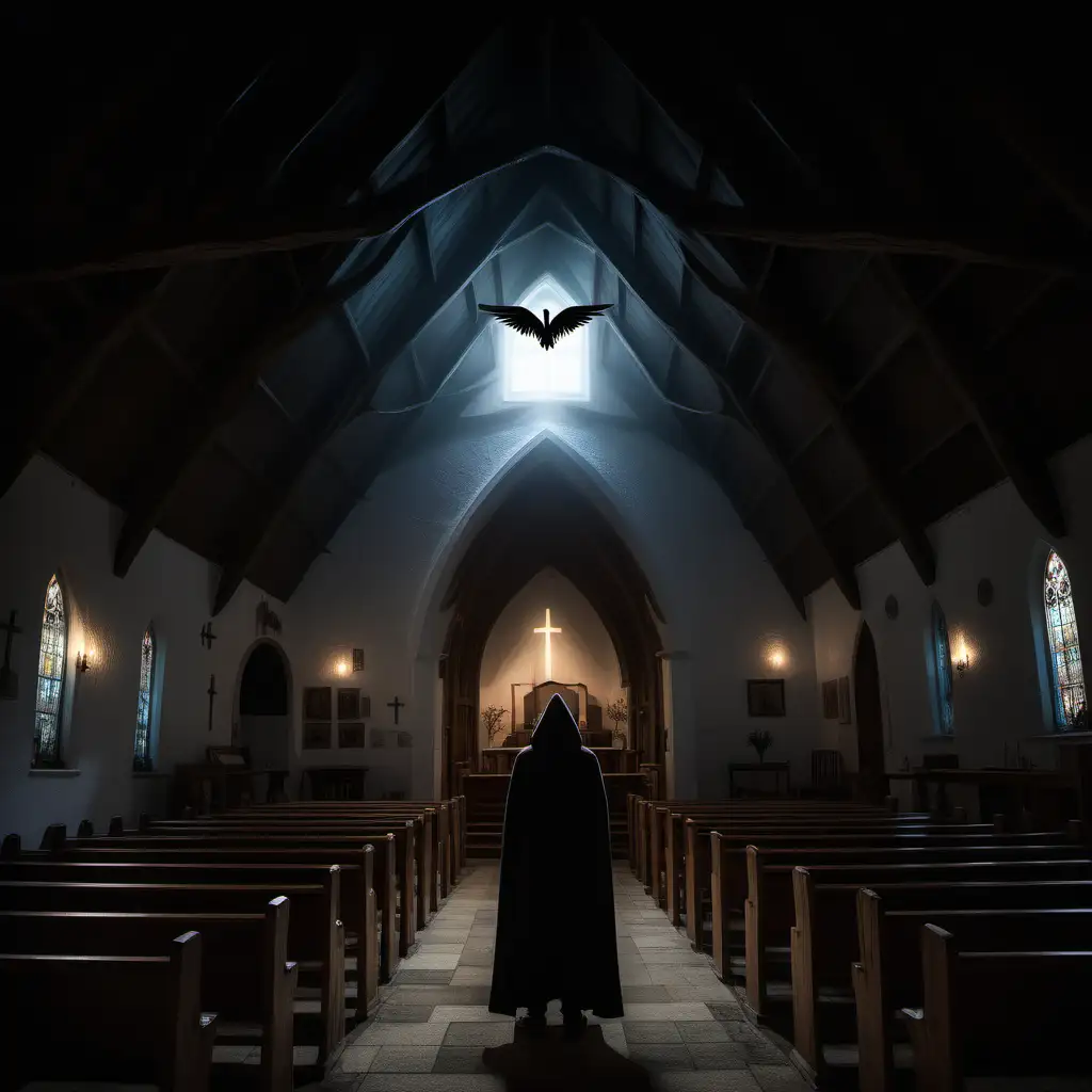 inside rural church, wings, dark looking character, hooded, night